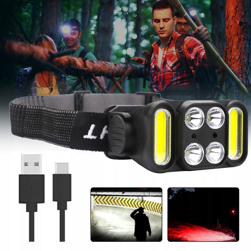 LATARKA CZOŁOWA LATARKA NA GŁOWĘ LED LAMPA CZOŁOWA 12 TRYBÓW OŚWIETLENIA Kolor dominujący czarny