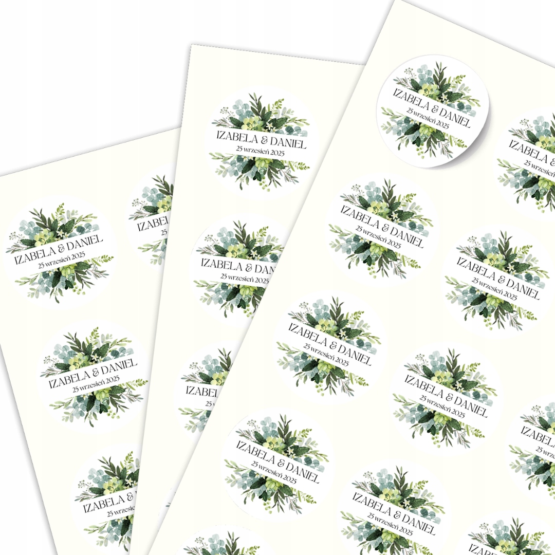 Naklejki WESELNE, ślubne -IMIONA-DATA- zielone listki - 24 sztuki 4 cm Fi40 Marka inna