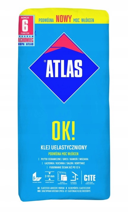 Adhesive for Tiles, Gres, Stone ATLAS OK! FLEXIBLE 5 kg Double Power Manufacturer code OK-05