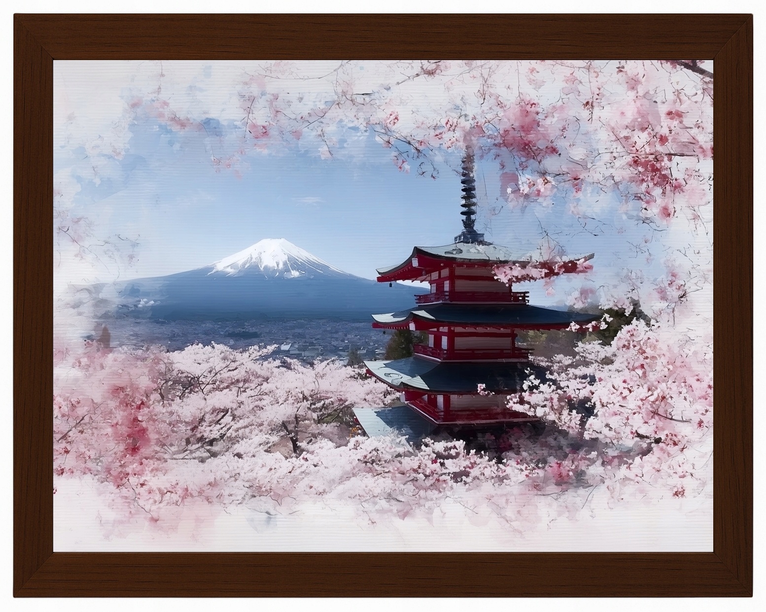 Plakát Rámeček Dřevo Japonsko Hora Fuji Pagoda Sakura Květ Višeň 80x60