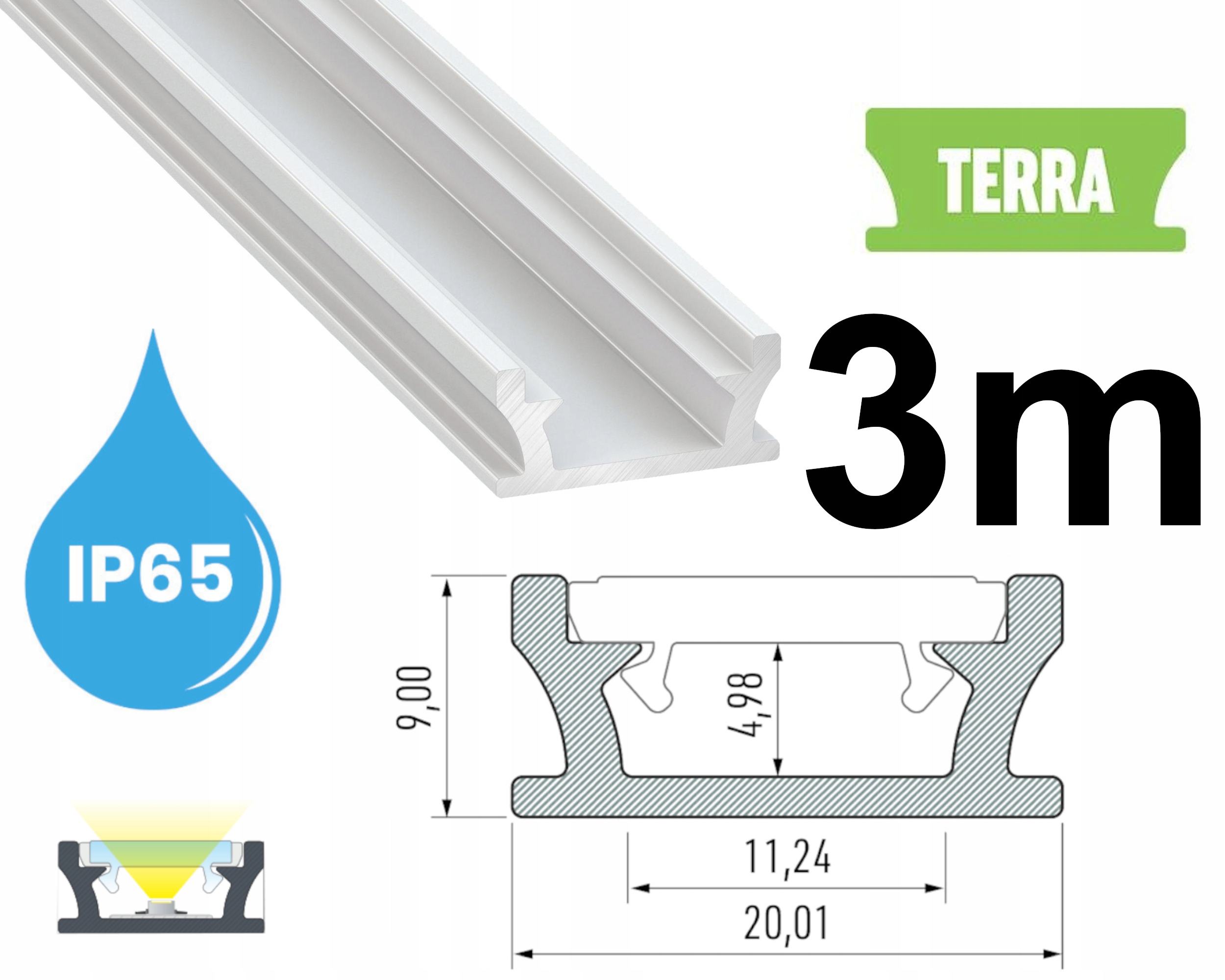 PROFIL WODOODPORNY DO TAŚM LED 3m TERRA BIAŁY IP65 / IP67