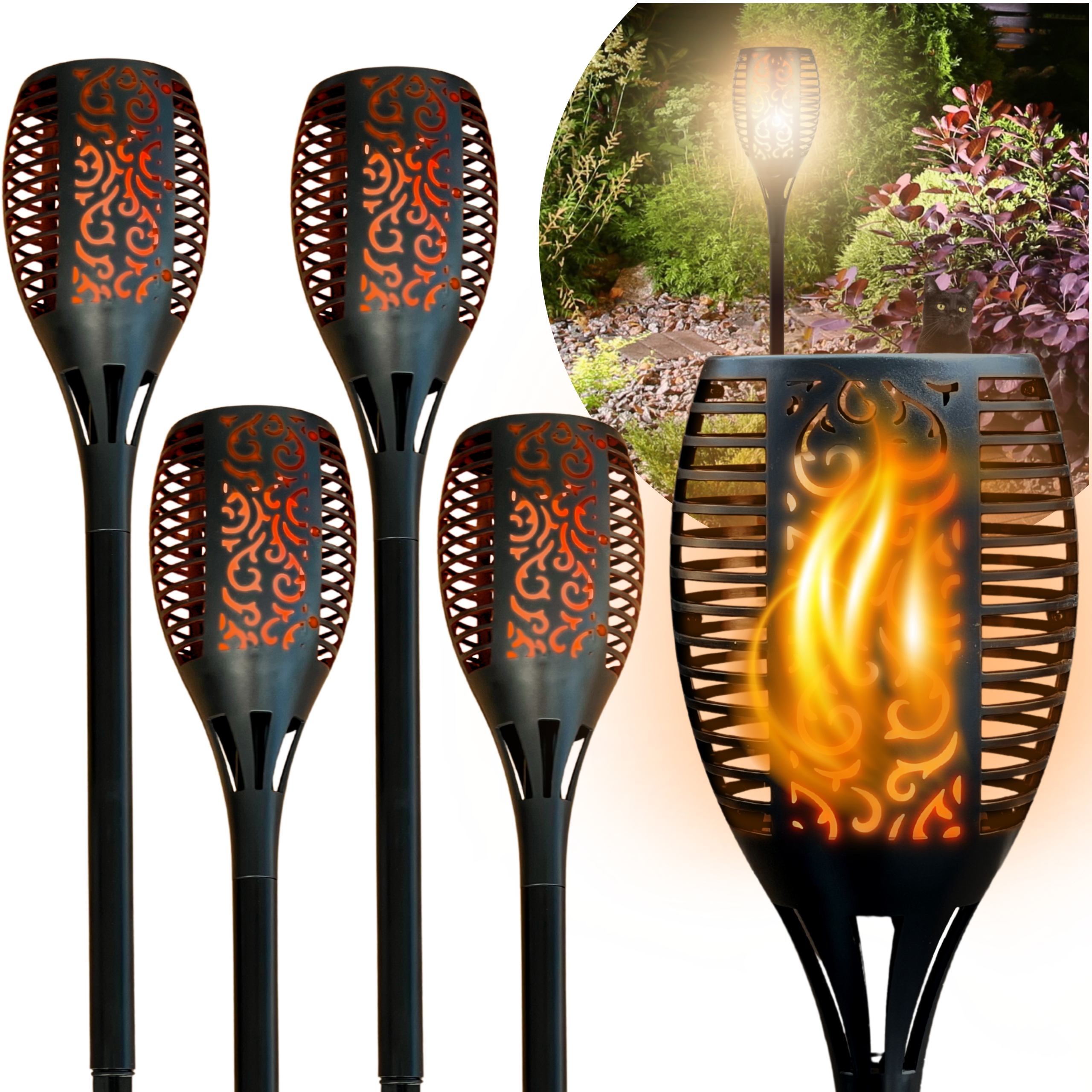 Ogrodowa Duża Lampa Solarna Led 96, Wbijana Pochodnia Płomień Latarnia