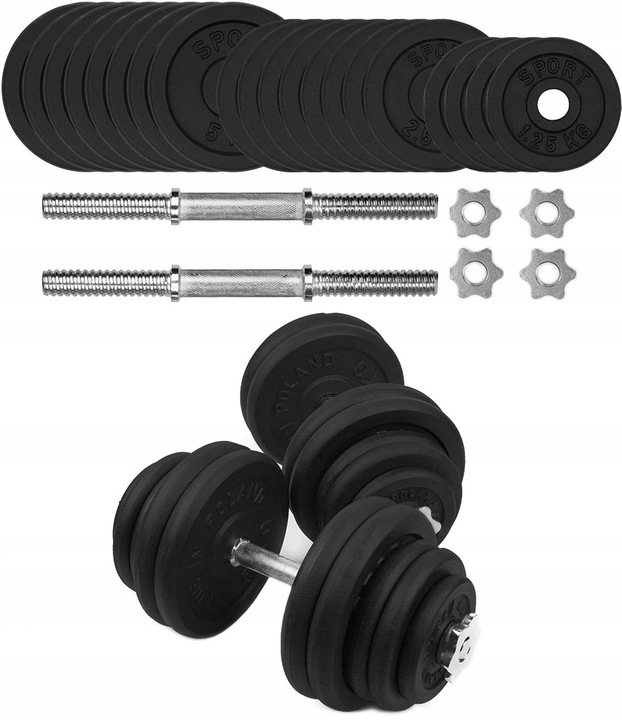 

Hantle Żeliwne 2x35 kg gryf Talerze zestaw 70kg