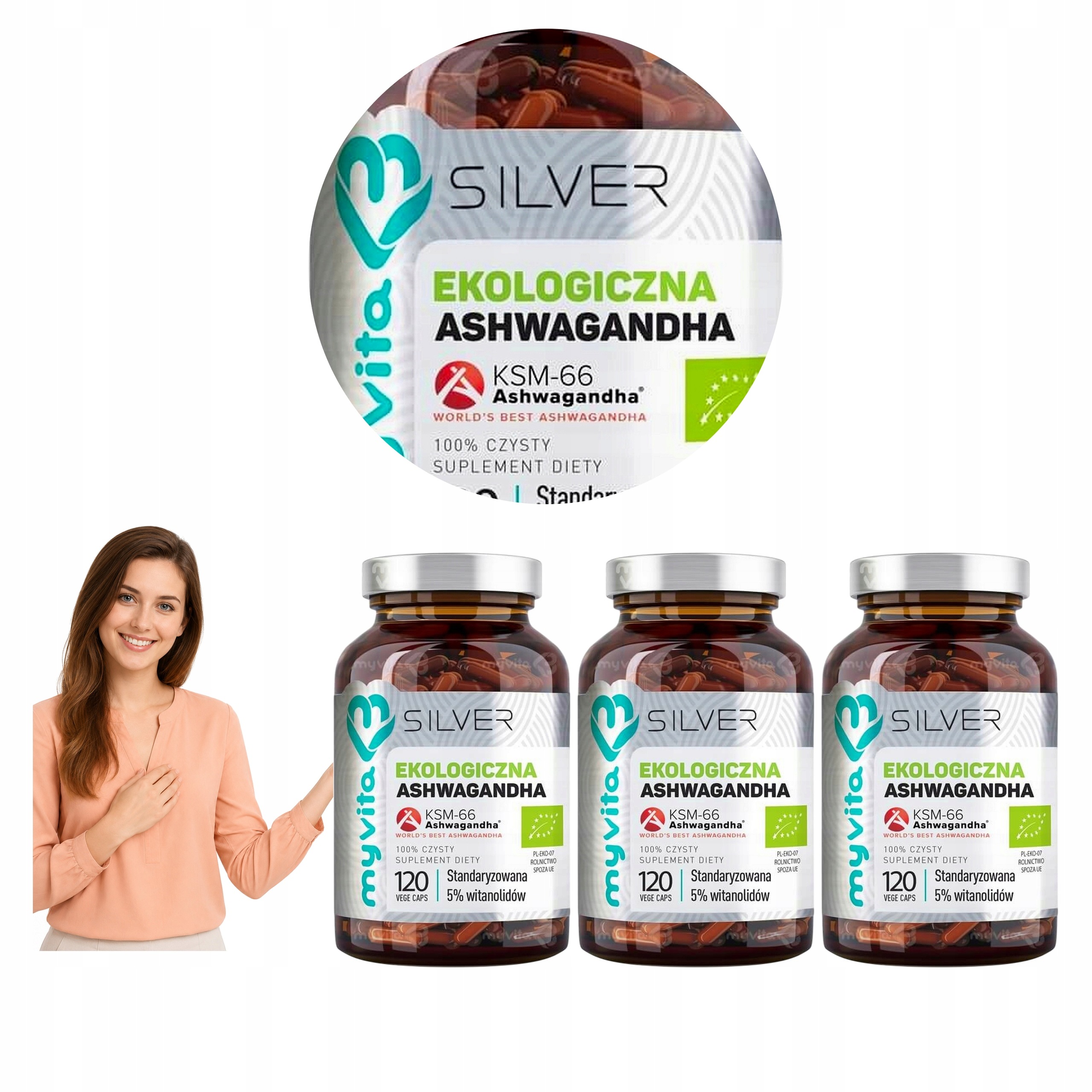3x Myvita Pure 100% Ashwagandha Bio KSM-66 Żeń-szeń Indyjski 120 kaps.