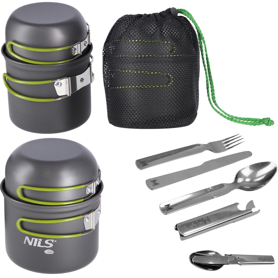 Menażka Turystyczna Podróżna 2 Garnki 2 Miski Patelnie Komplet Sztućców