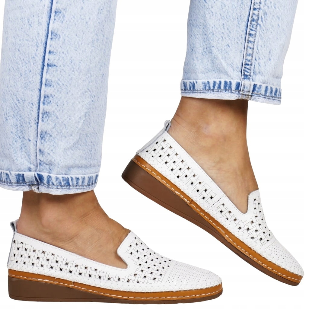 Dámské Kožené Polobotky Na Koturnu, Nazouvací, Ažurová Bílá Zdravotní Vložka