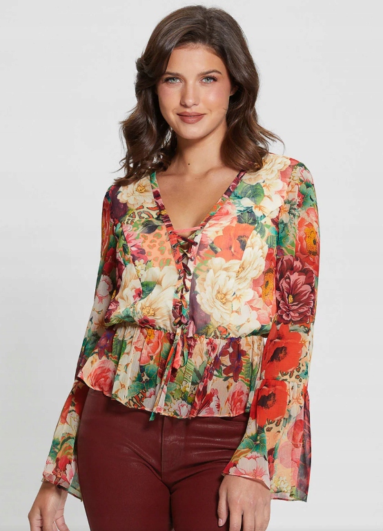 Guess Květinová Halenka Se Zavazováním A Volánem, Splývavá