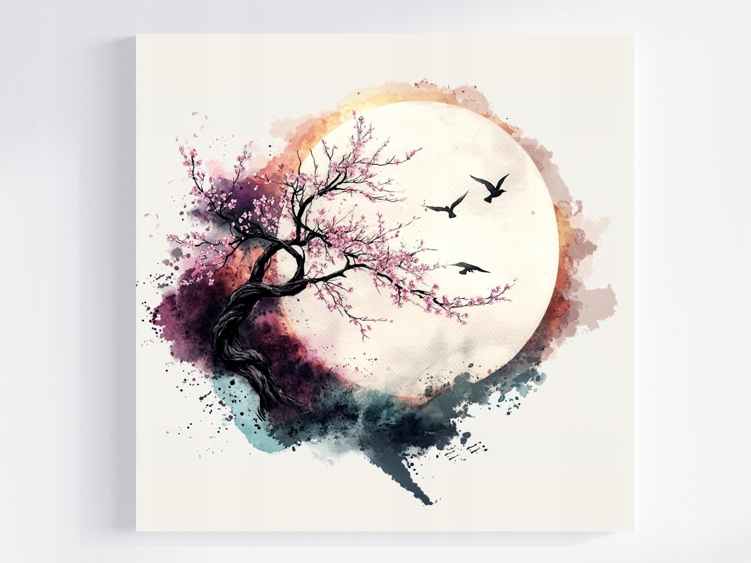 Obraz Na Plátně Canvas Grafika Měsíc Ptáci Višeň Sakura Japandi 80x80