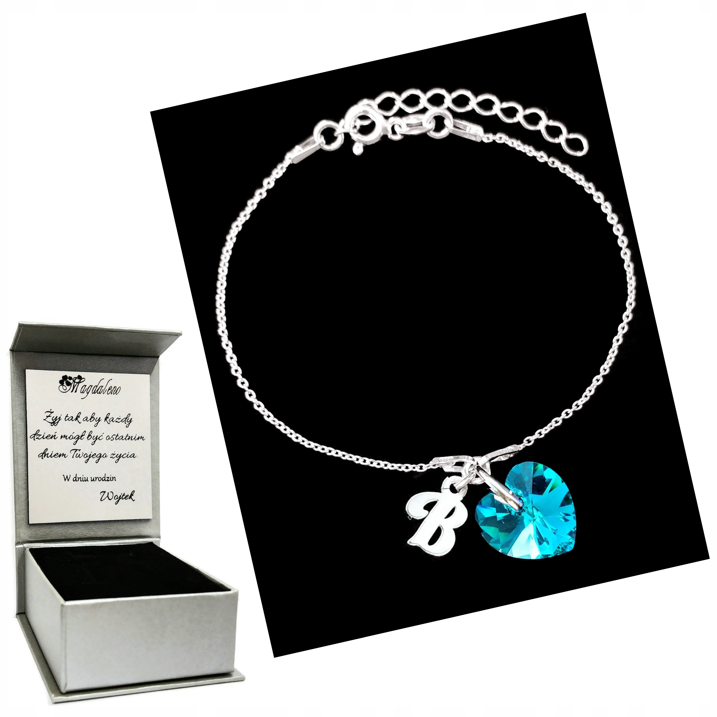 

Bransoletka Litera B Serce Swarovski Grawer Srebro
