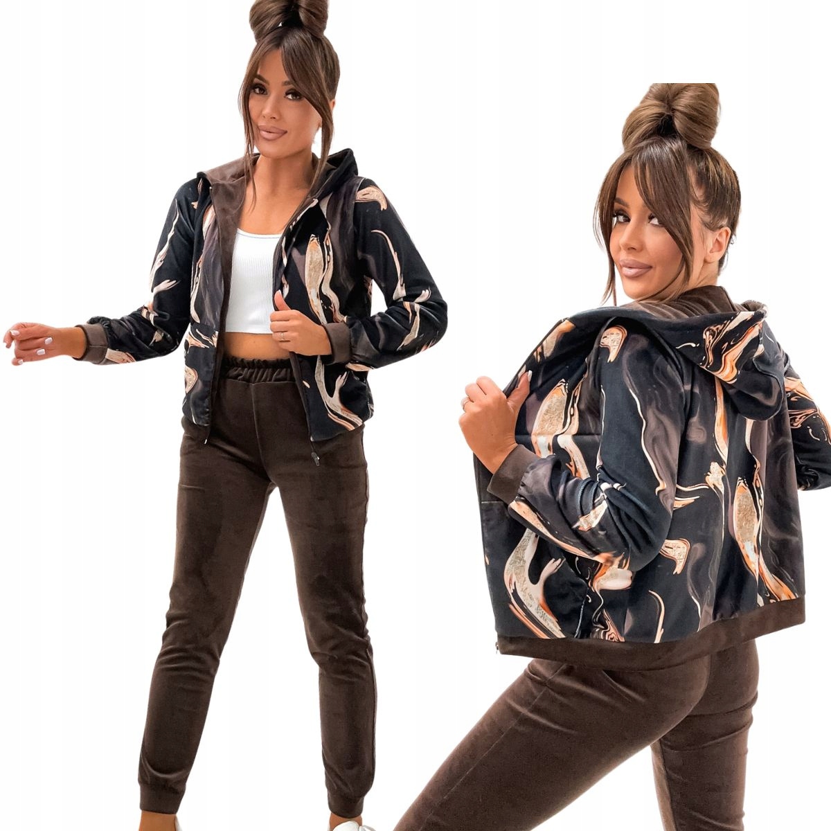 Dámská sametová tepláková Teplákovka mikina na zip s kapucí vzorovaná mikina 821125 S/m