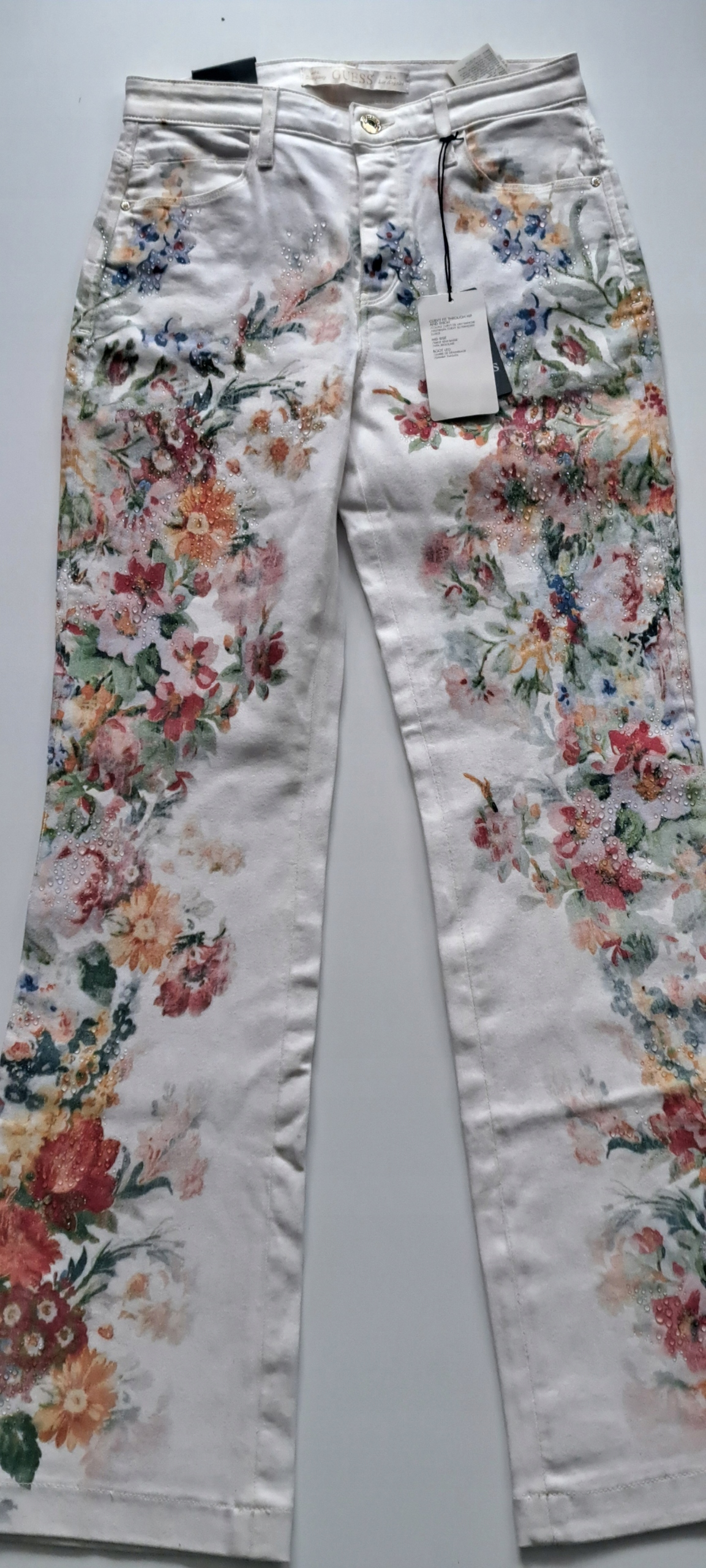 Dámské džíny Guess Vel. 27x32, bílé květy, široké, sexy, bootcut