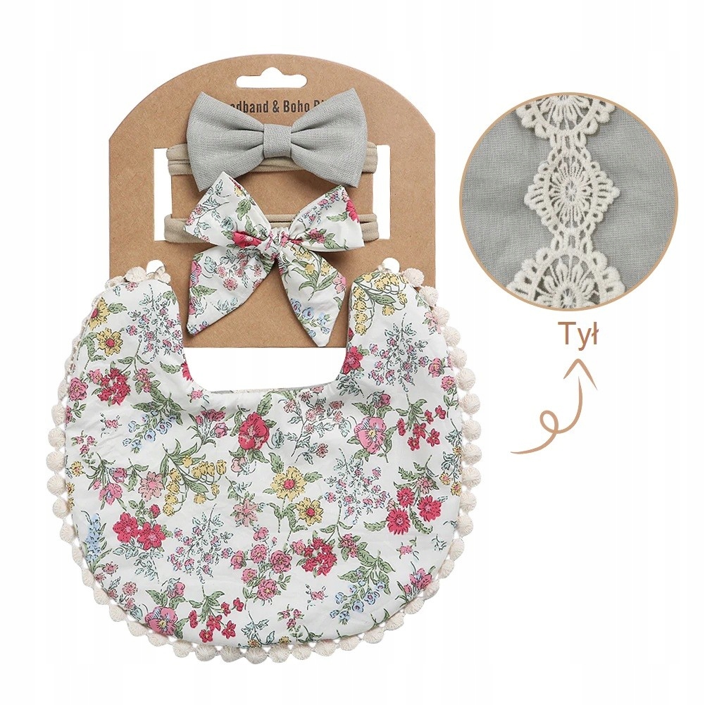 

Zestaw Vintage dwustronny śliniaczek i opaski Boho