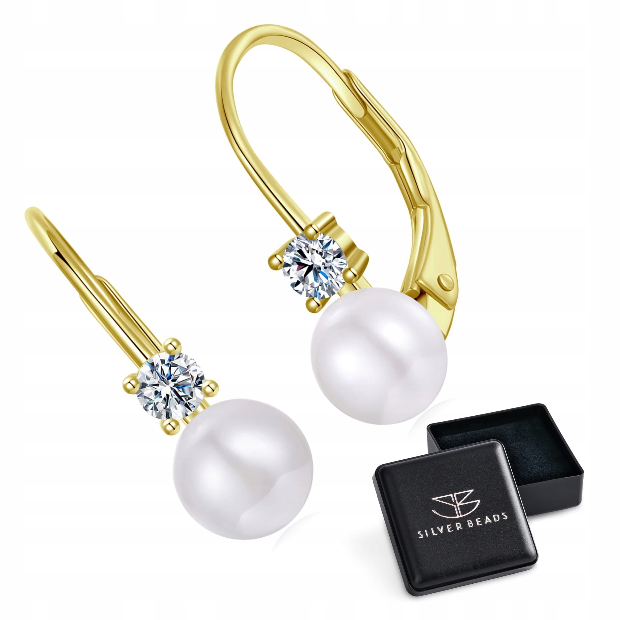 KM123 Srebrne kolczyki pozłacane z Moissanitami 0,1ct i perłami bigle ang.