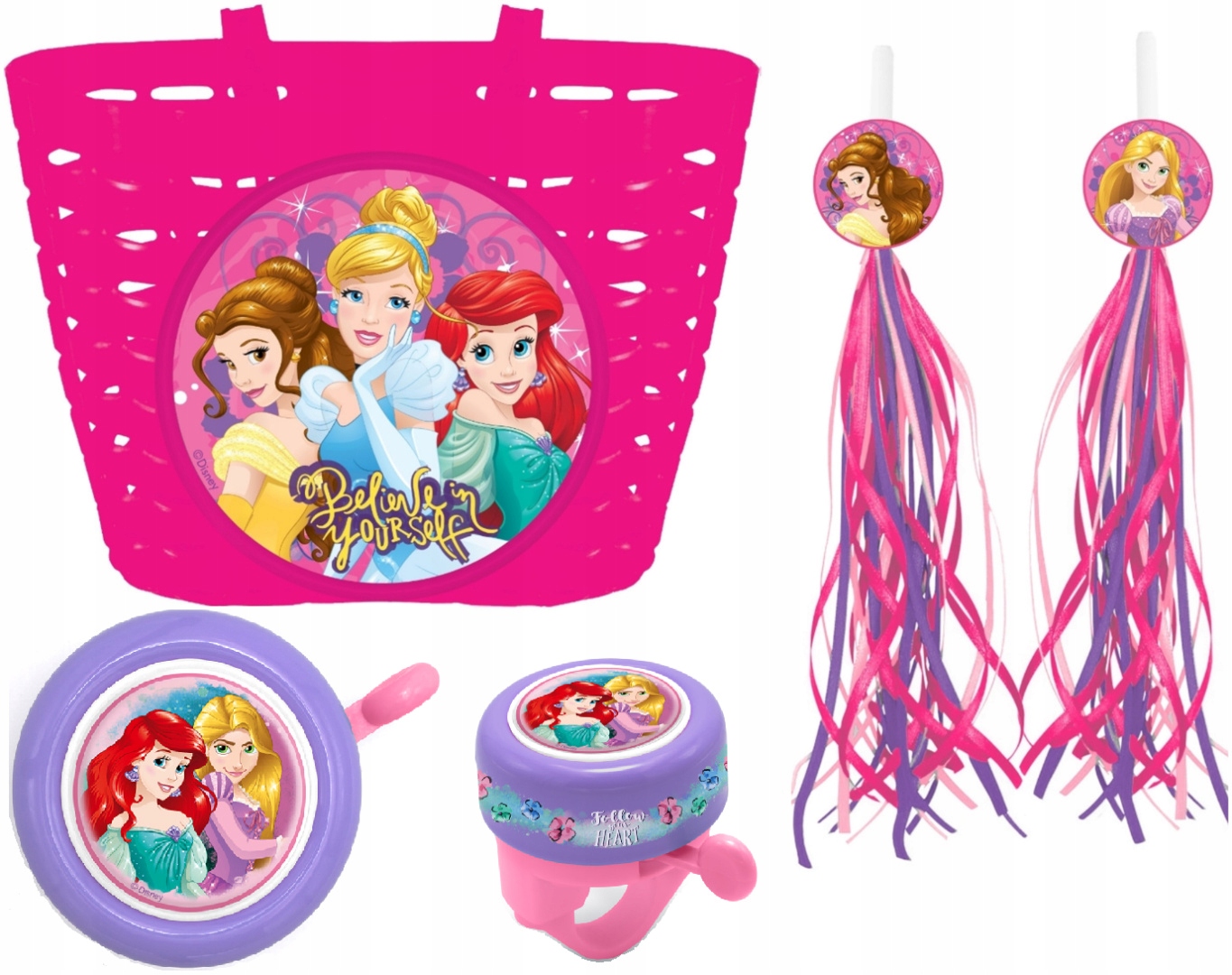 KOSZYCZEK KOSZYK DZWONEK WSTĄŻKI NA ROWER DLA DZIECI PRINCESS KSIĘŻNICZKI