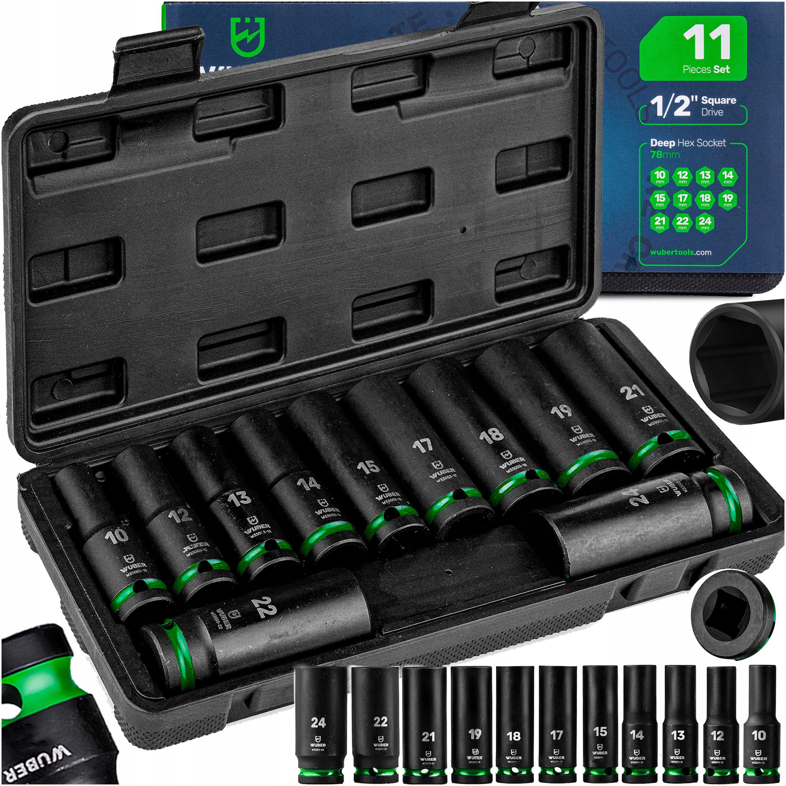 Sada Rázových Nástavců 11 Ks 1/2" 6-HRANNÉ Dlouhé Nástavce 10-24 MM Kufr