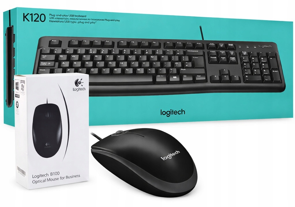 Klawiatura przewodowa Logitech K120 membranowa czarna z myszą B100