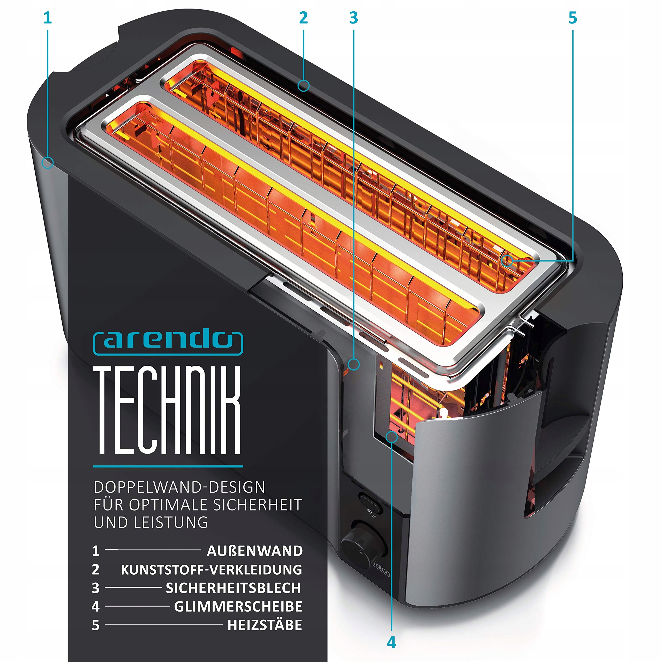 ARENDO Toster Stalowy 4 Kromki Długi Otwór Defrost 1500W Szary — miniatura 5