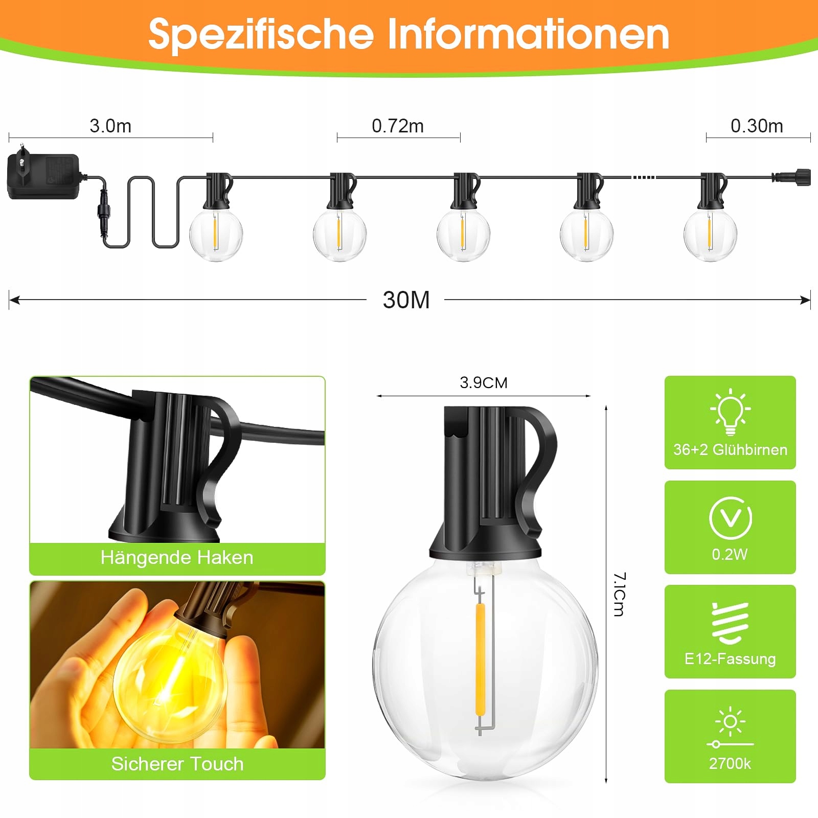 BRAND LED Girlanda Zewnętrzna 30M Wodoodporna Żarówki G40 Dimmable — miniatura 3