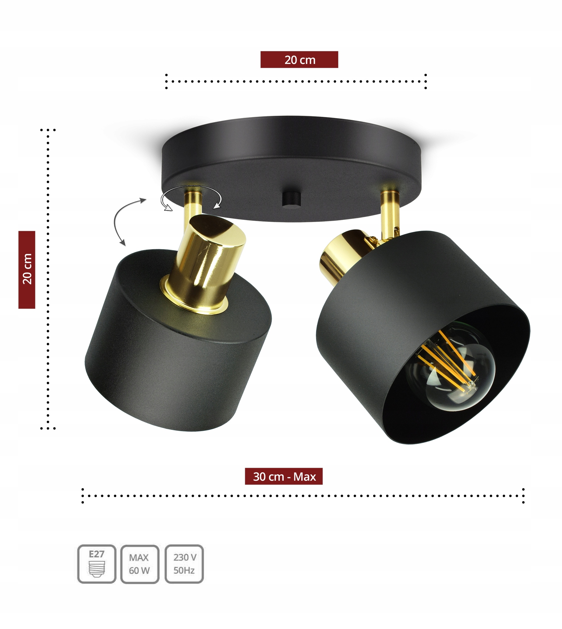 Lampa Sufitowa Żyrandol Plafon Czarna Złota Classic Spot EG2 LED E27 Zasilanie sieciowe