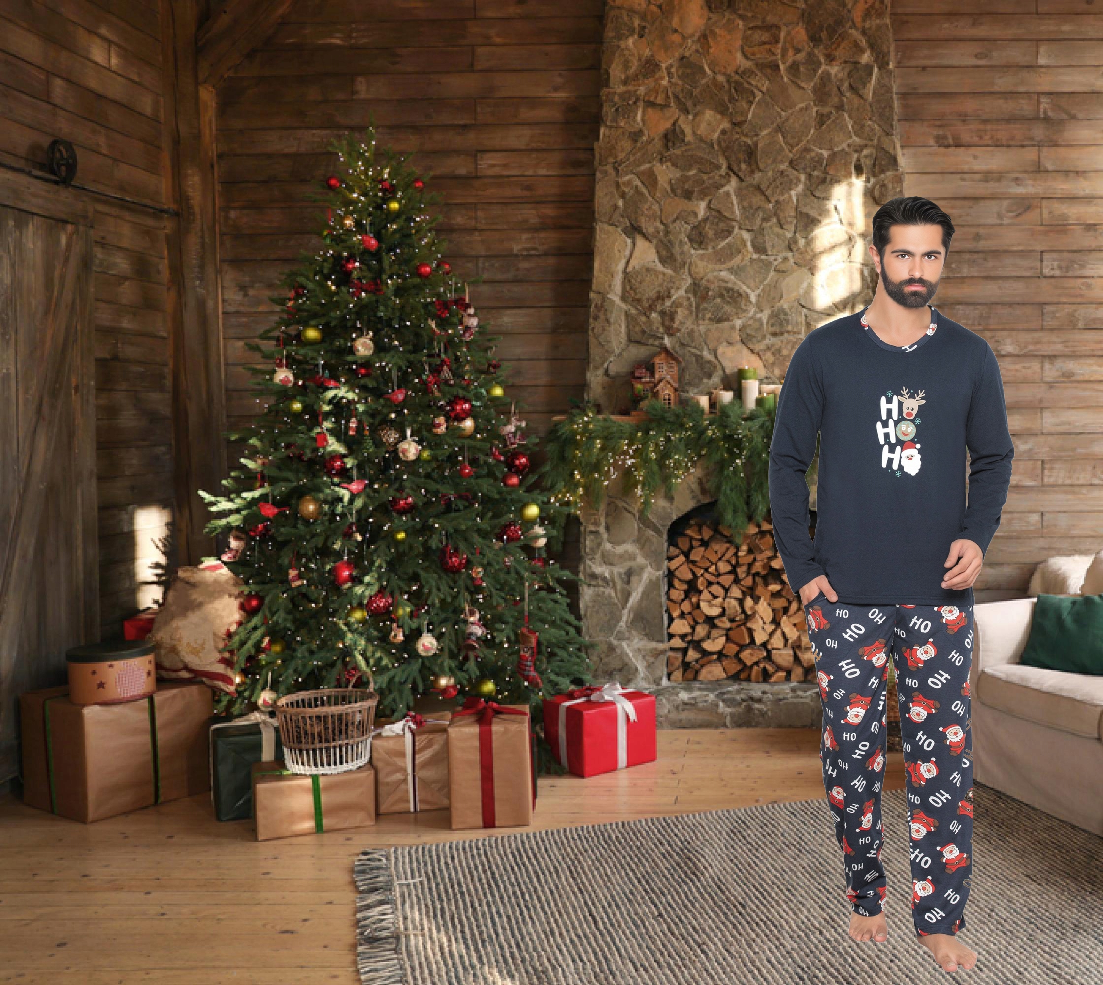 NETi Świąteczna Bawełniana Piżama Długa Męska w Mikołaje HO! HO! HO! Navy Wzór dominujący mix wzorów