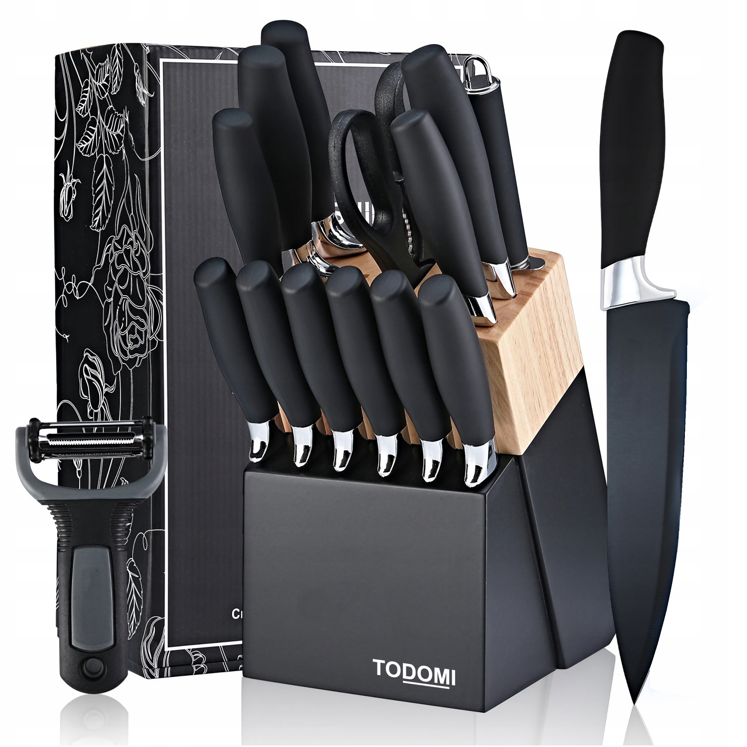 NOŻE KUCHENNE ZESTAW KOMPLET NOŻY W BLOKU STOJAK 15 EL. OBIERACZKA NOŻYCZKI