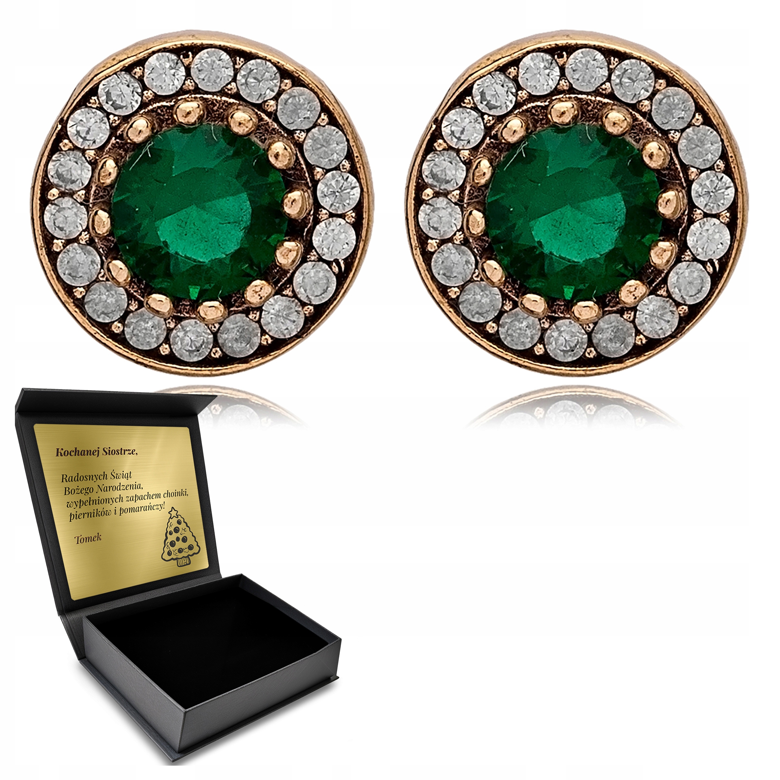 Kulaté Stříbrné Náušnice Se Smaragdem A Fenoménními Zirkony Gravírování