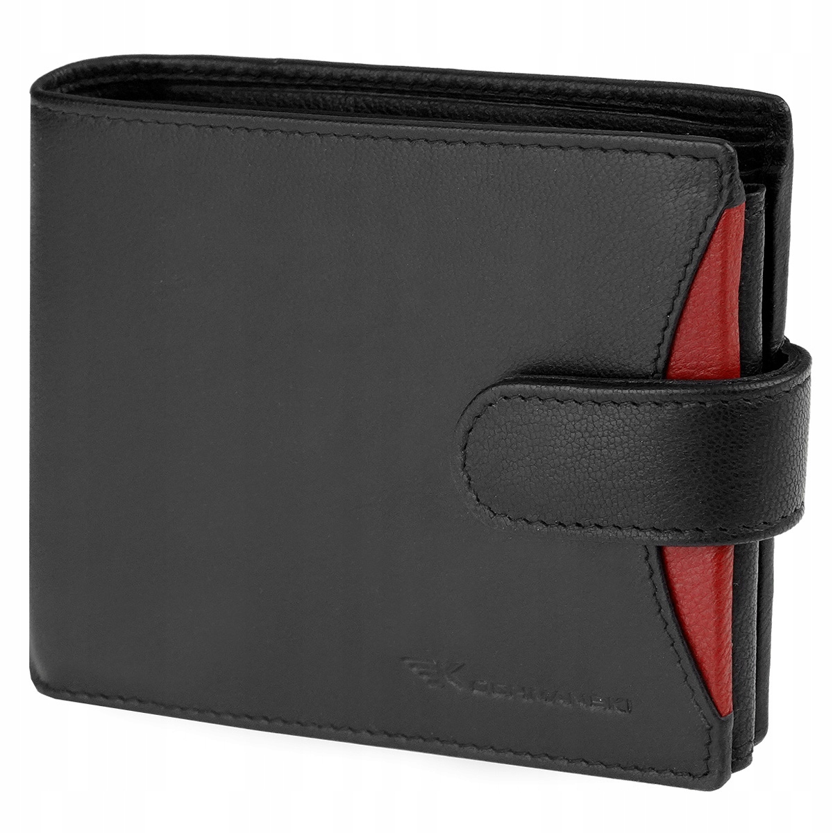 Kochmanski portfel męski skórzany rozbudowany czarny z czerwonym Rfid skóra