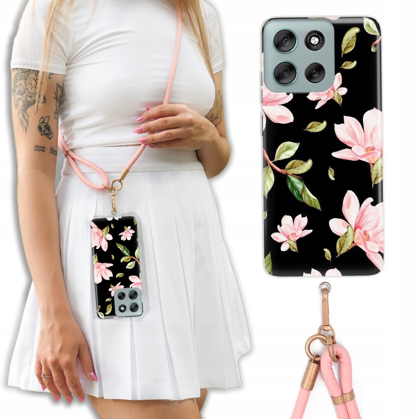 Pouzdro Pro Motorola G56 Case Crossbody Květinové Jaro Kožené Vodítko Růžová Vz