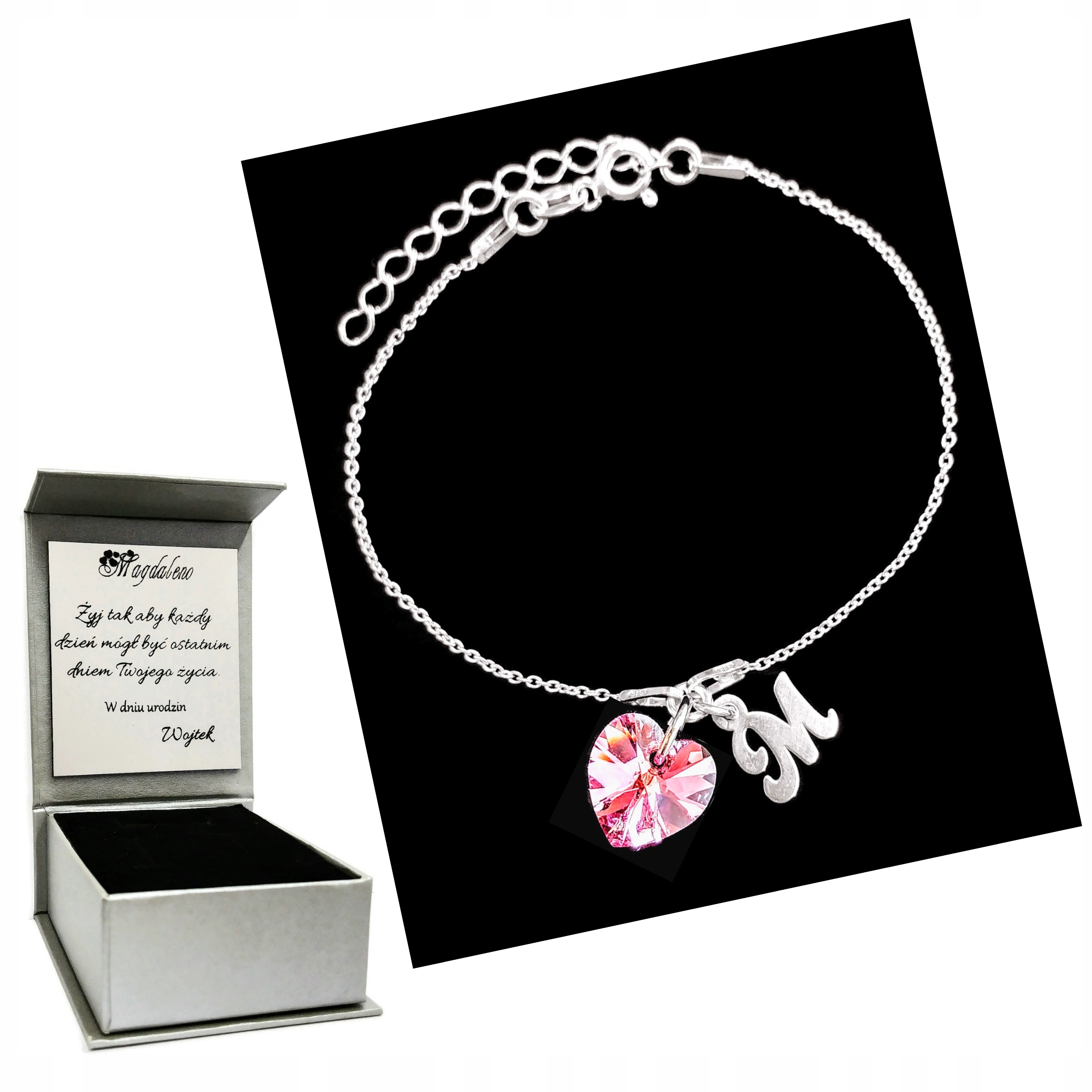 

Bransoletka Litera M Serce Swarovski Grawer 925