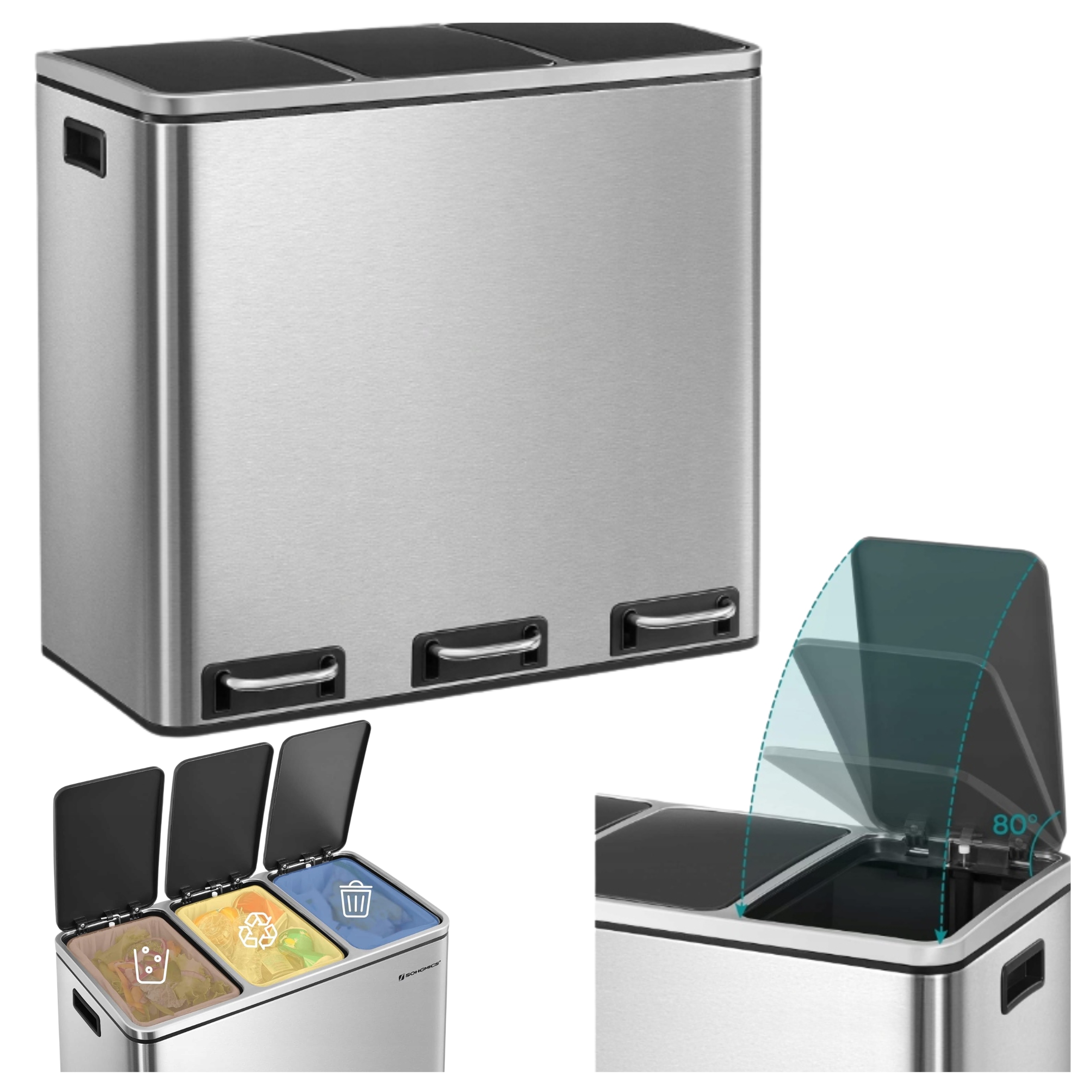 Levně odpadkový koš do kuchyně 54L Kovový 3KOMORY na tříděný odpad Prostorný stříbrný