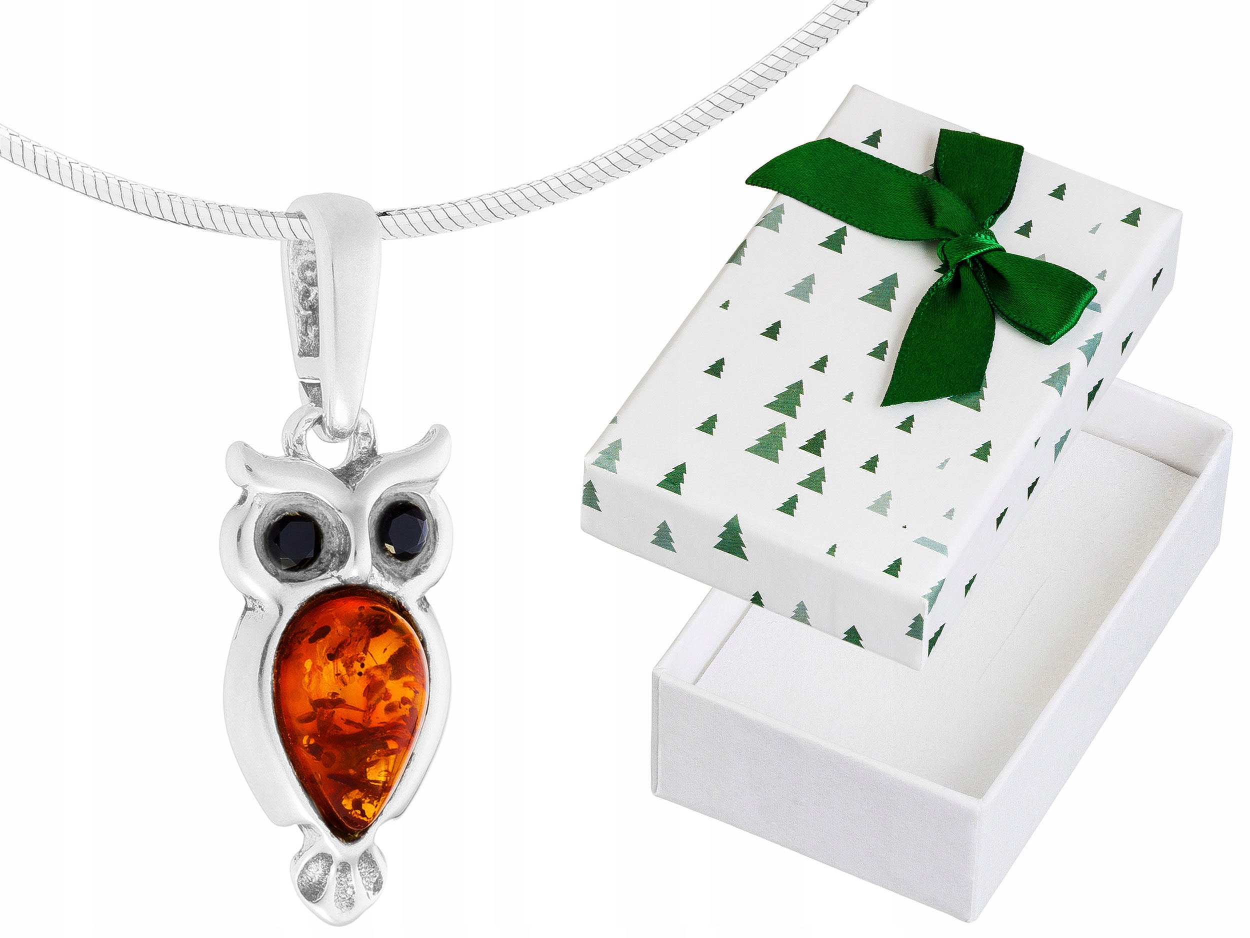 Krátký Stříbrný Oxidovaný Náhrdelník Pták Sova Jantar Zirkony Choker 30 cm