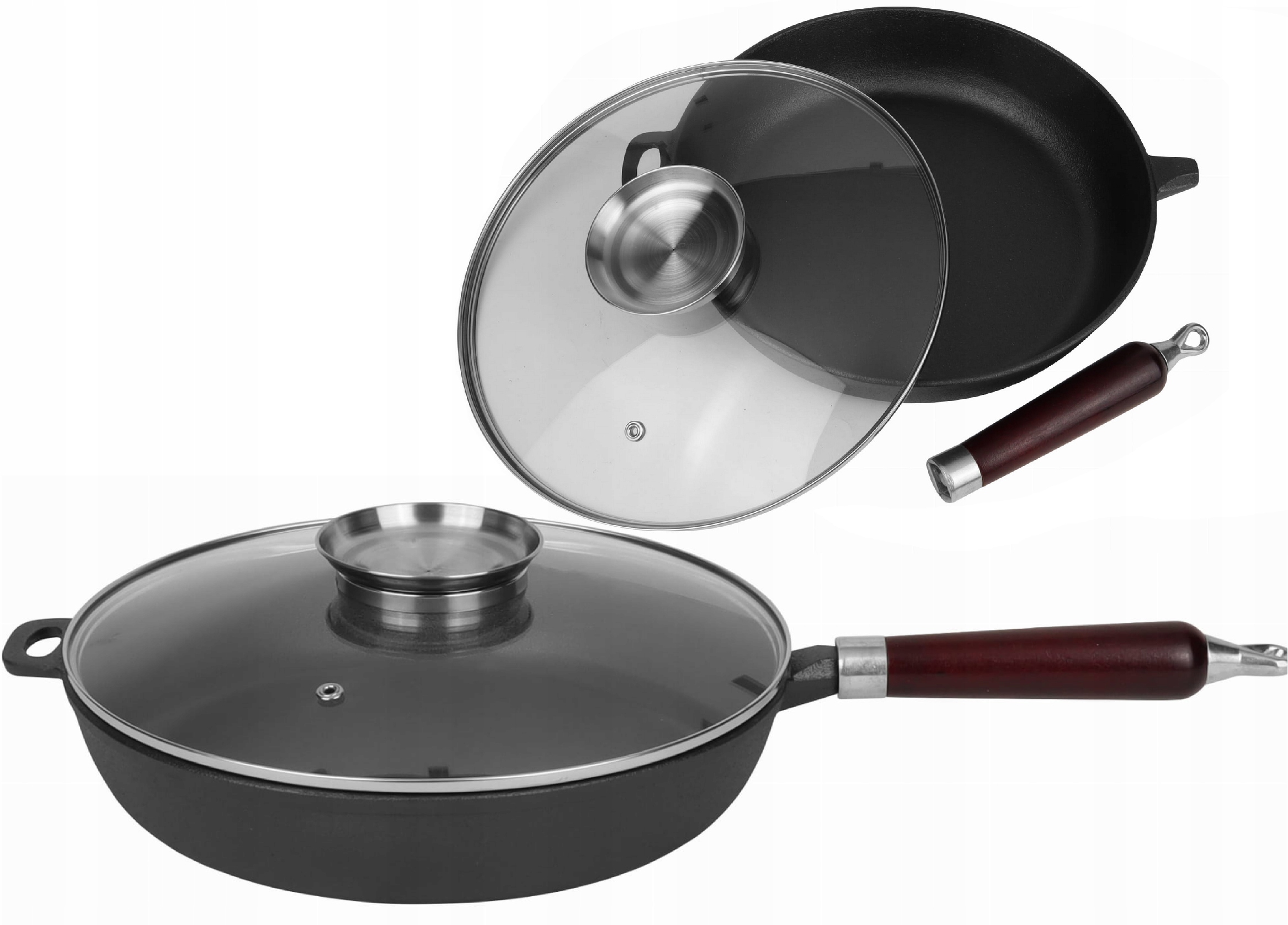 Litinová Pánev 28 cm Těžká s víkem Odšroubovatelná rukojeť Indukce Plyn