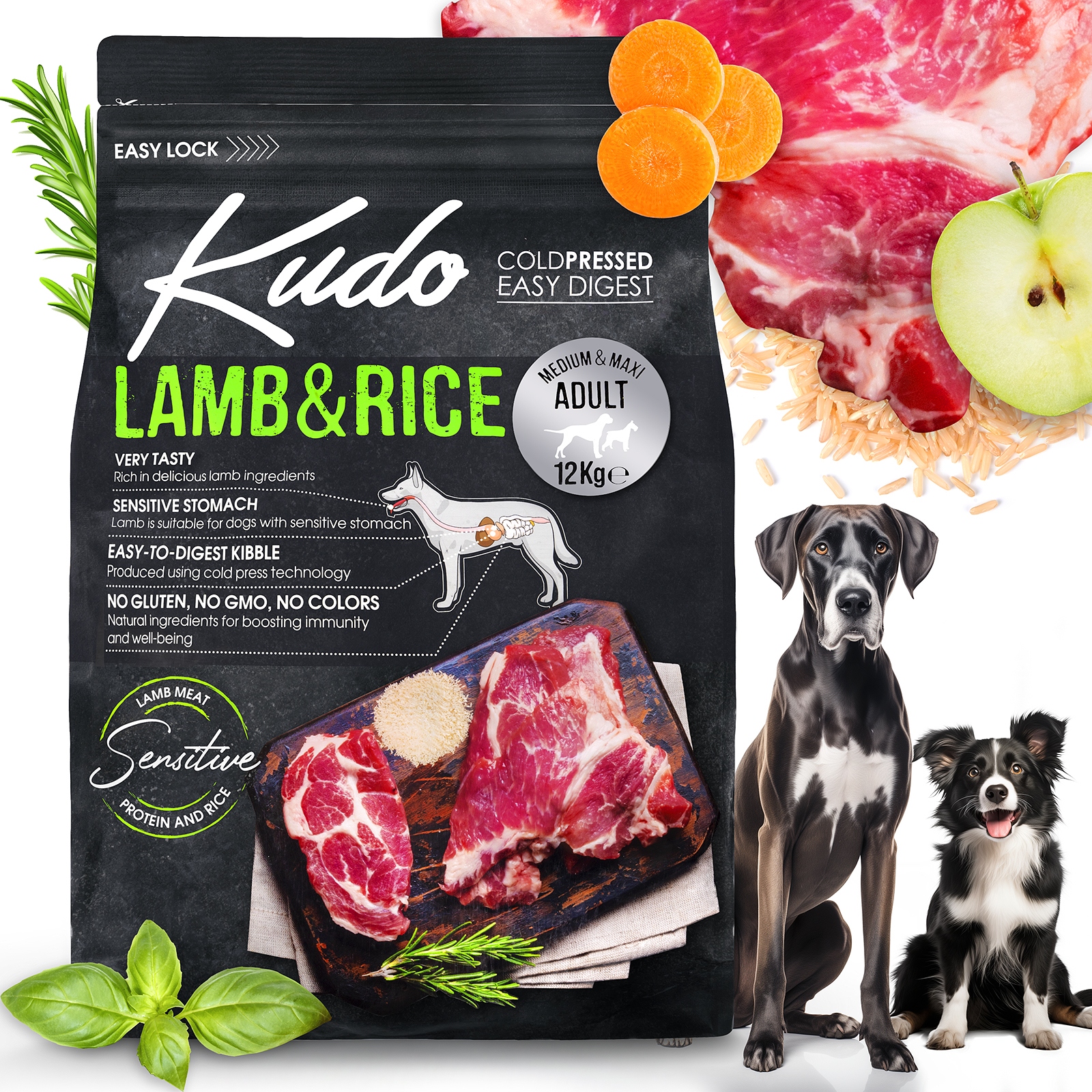 Karma dla psa Kudo Cold Pressed Jagnięcina z ryżem Medium Maxi Adult 12kg