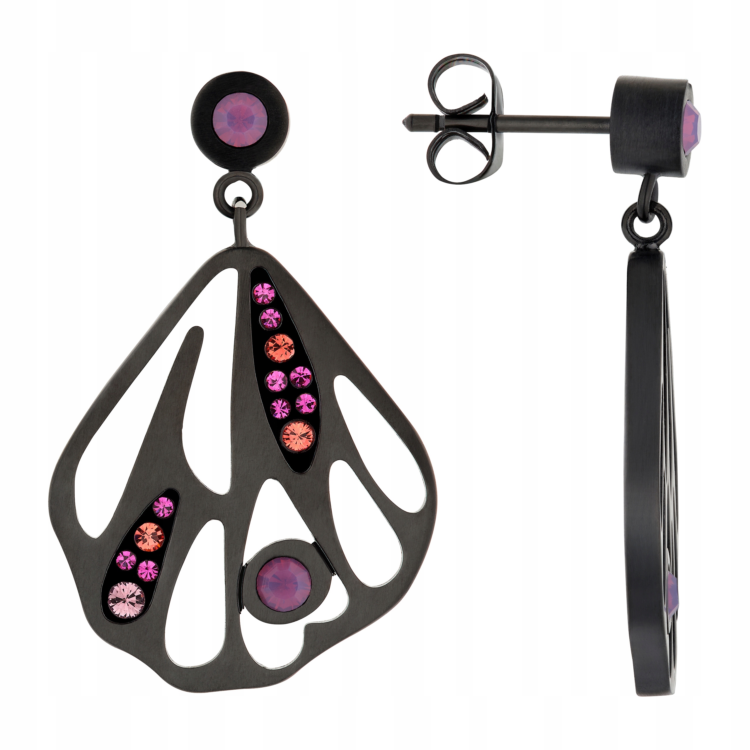 Náušnice Křídla Motýla Kámen Ametyst Krystaly Ocel Černá