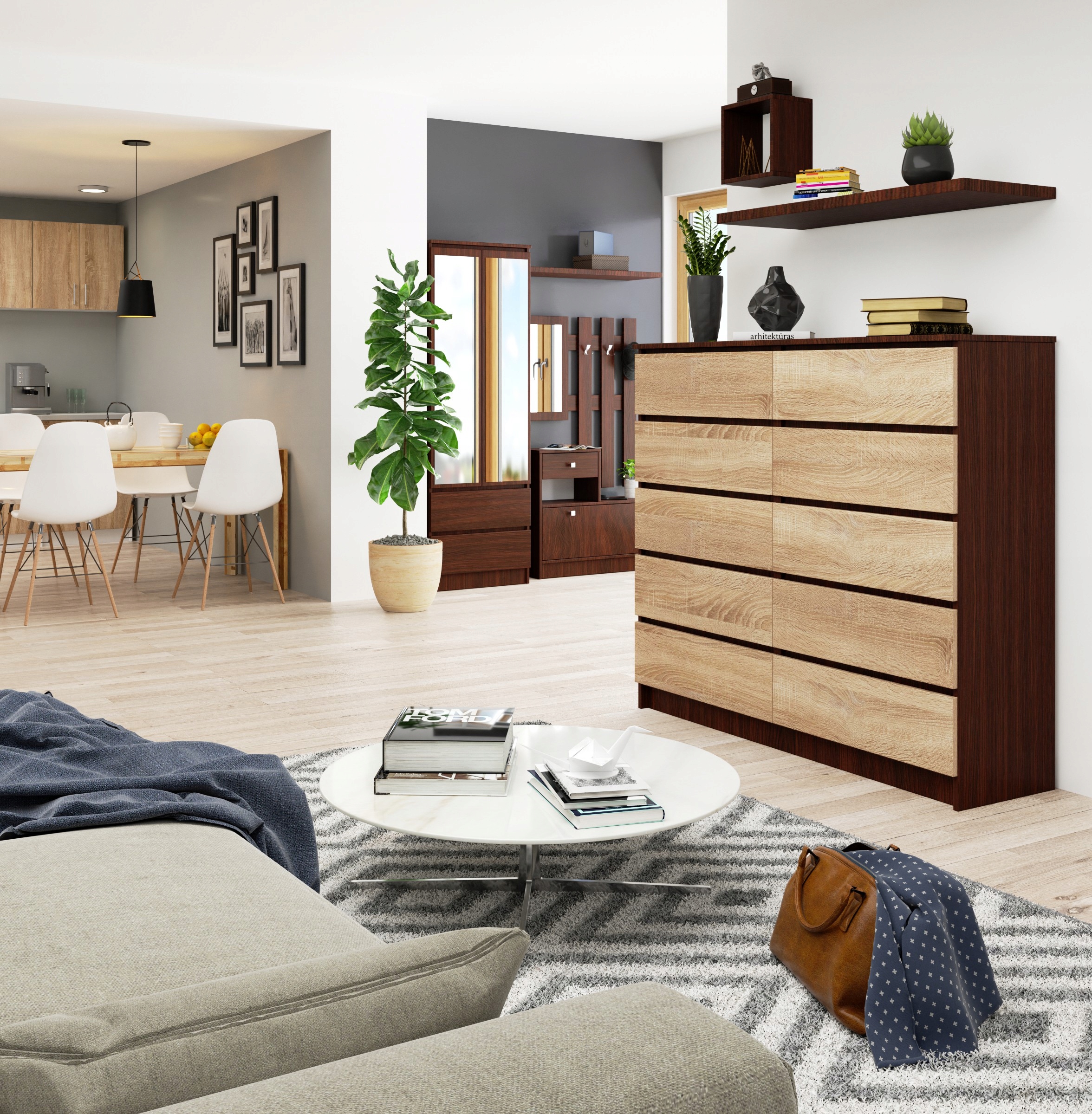 Komoda duża 140 cm 10 szuflad salon szafka wysoka pojemna Wenge Dąb Sonoma Kod producenta OP0LK-1VENSON005