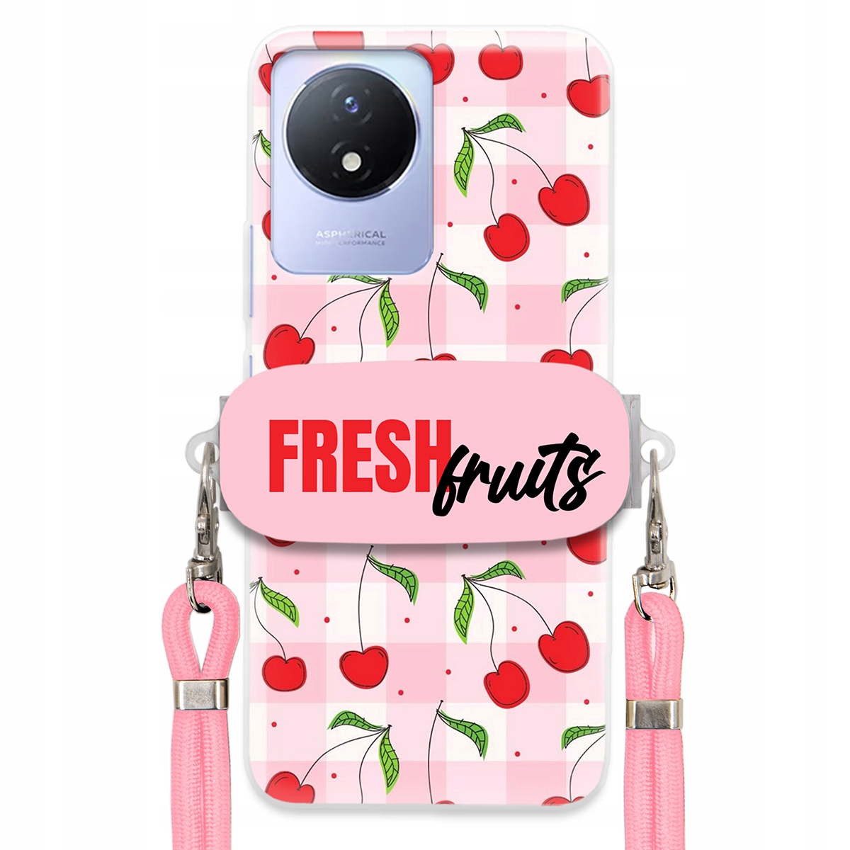 pouzdro na Vivo Y02 Case Držák Šňůrka Růžová Fresh Fruits Mřížka Ovoce