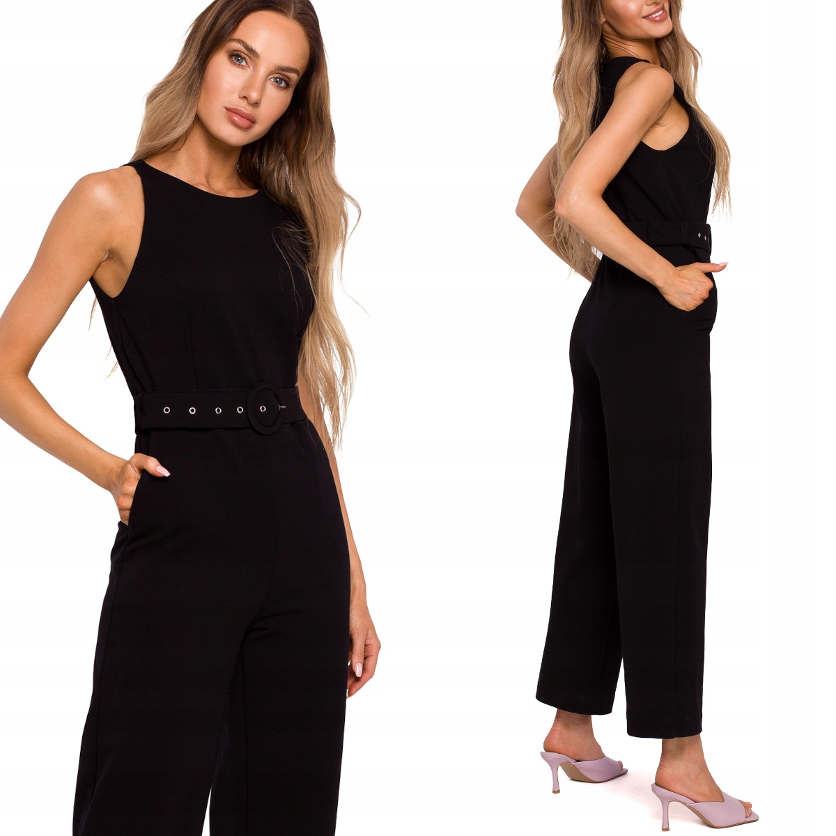 KOBIECY ELEGANCKI DAMSKI KOMBINEZON BEZ RĘKAWÓW Z PASKIEM CZARNY 36 S