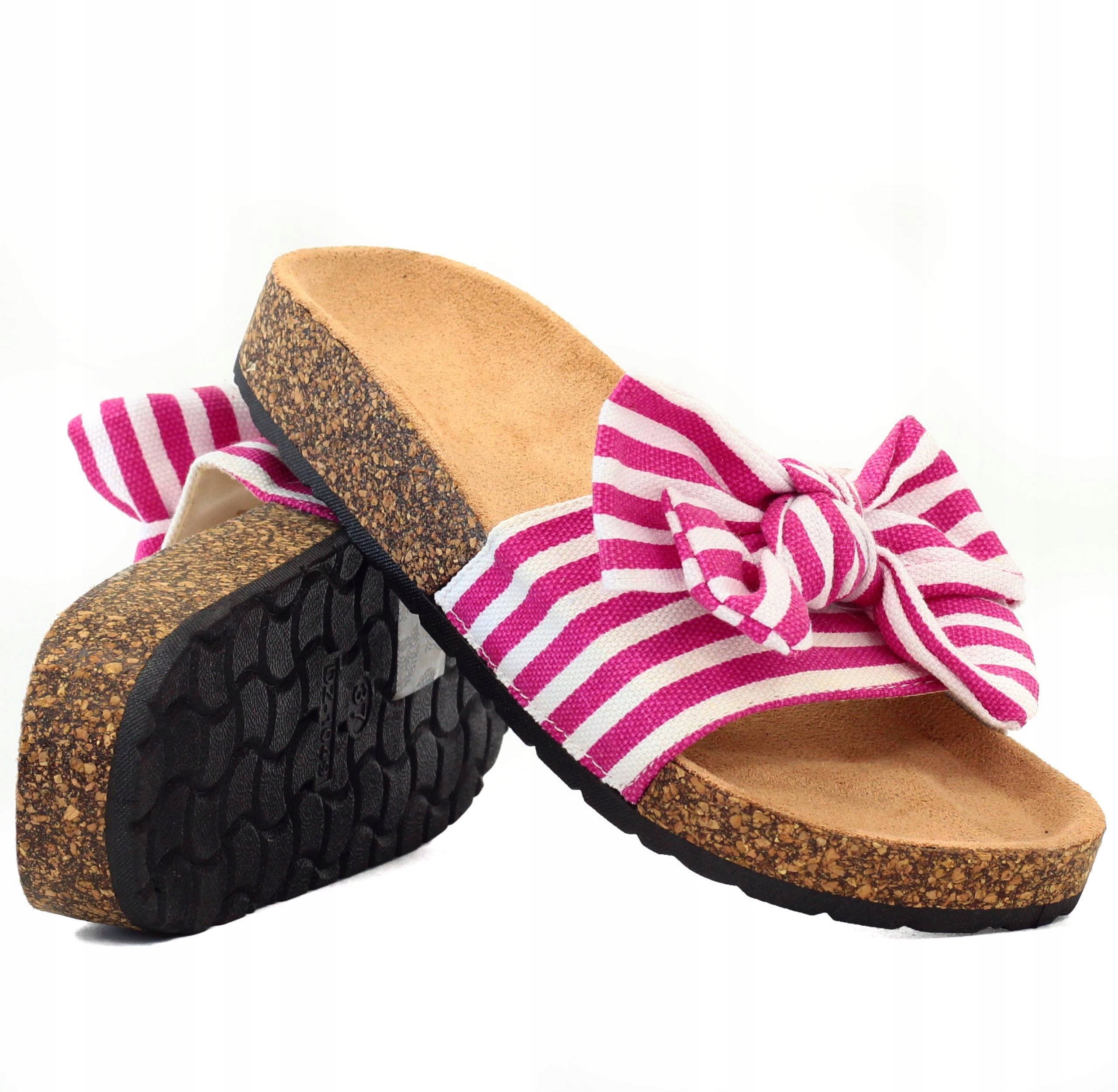 KLAPKI DAMSKIE Z KOKARDĄ NA KORKU STYLOWE Materiał zewnętrzny inny