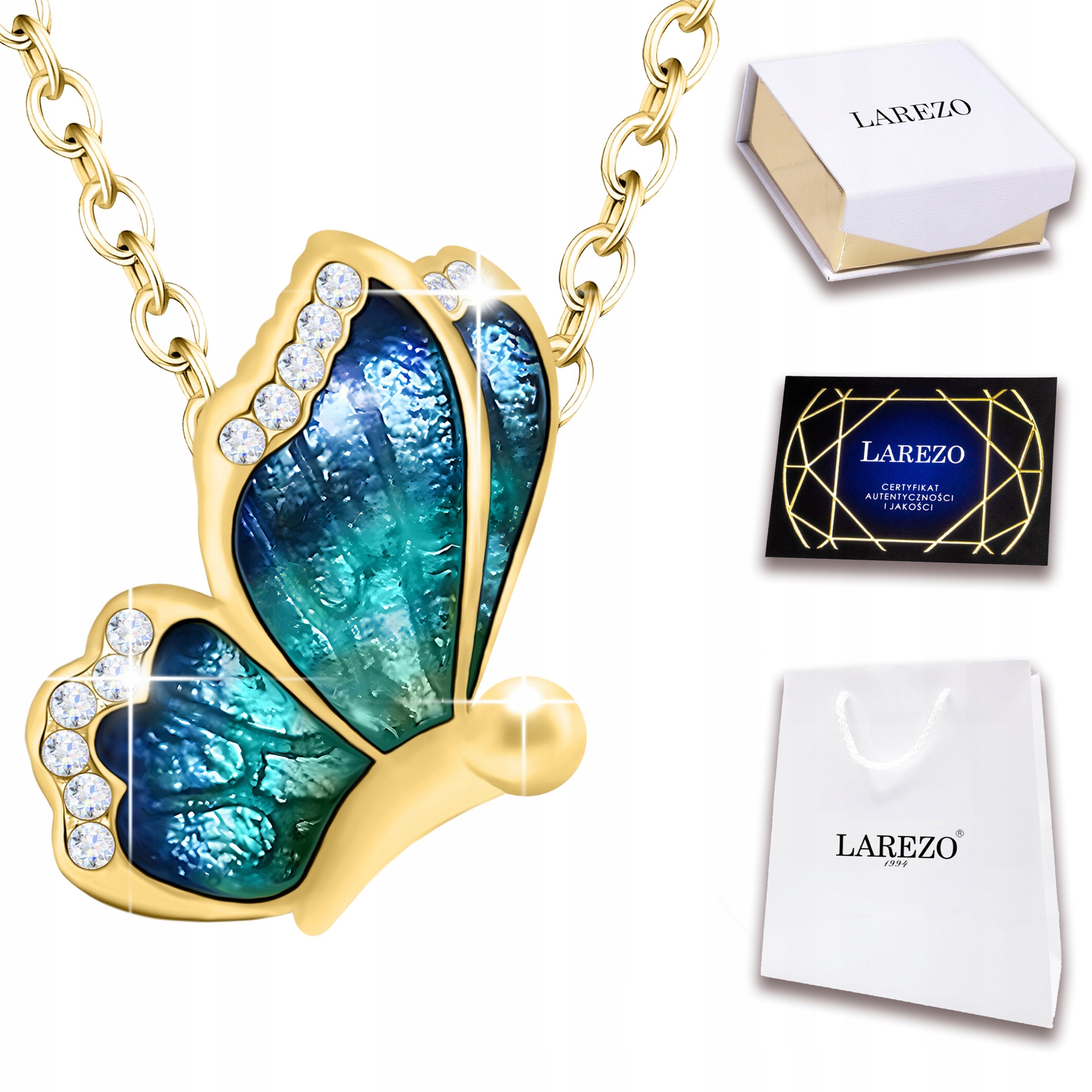 Zlatý náhrdelník Modrý Motýl Motýlek Smalt Křídla Stříbro 925