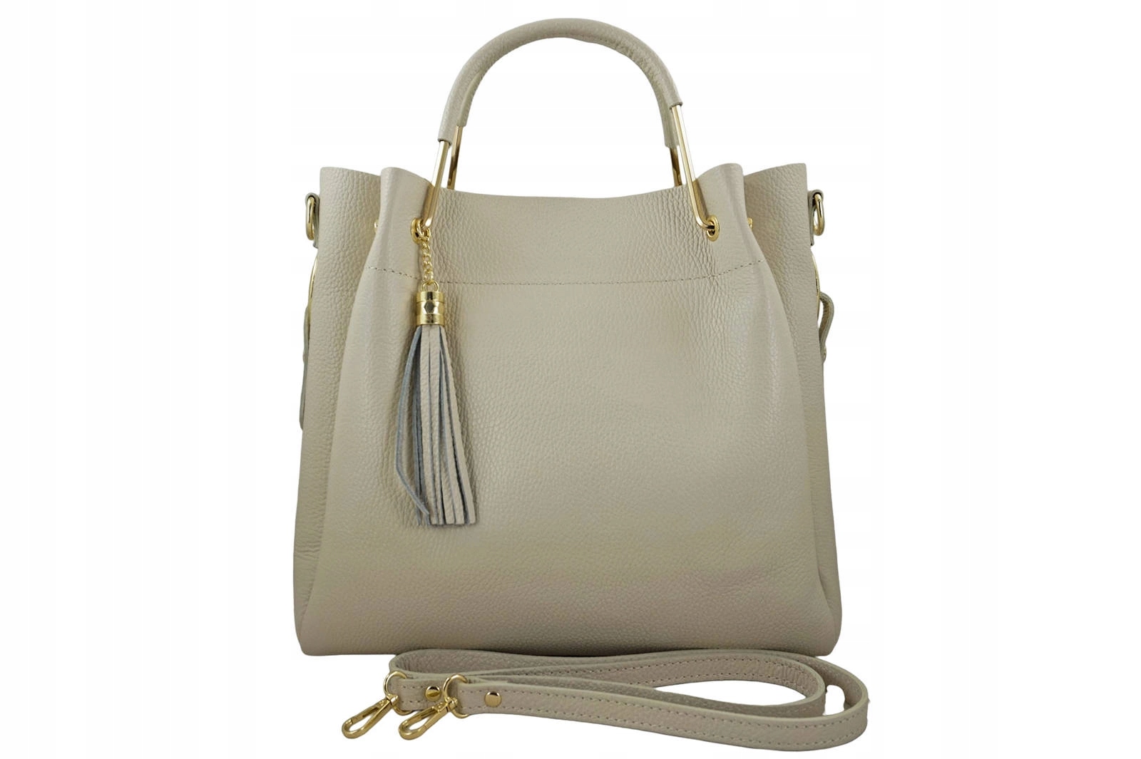 Torebka kuferek damska ze skóry naturalnej z frędzlami - Beżowa jasna Marka Barberinis