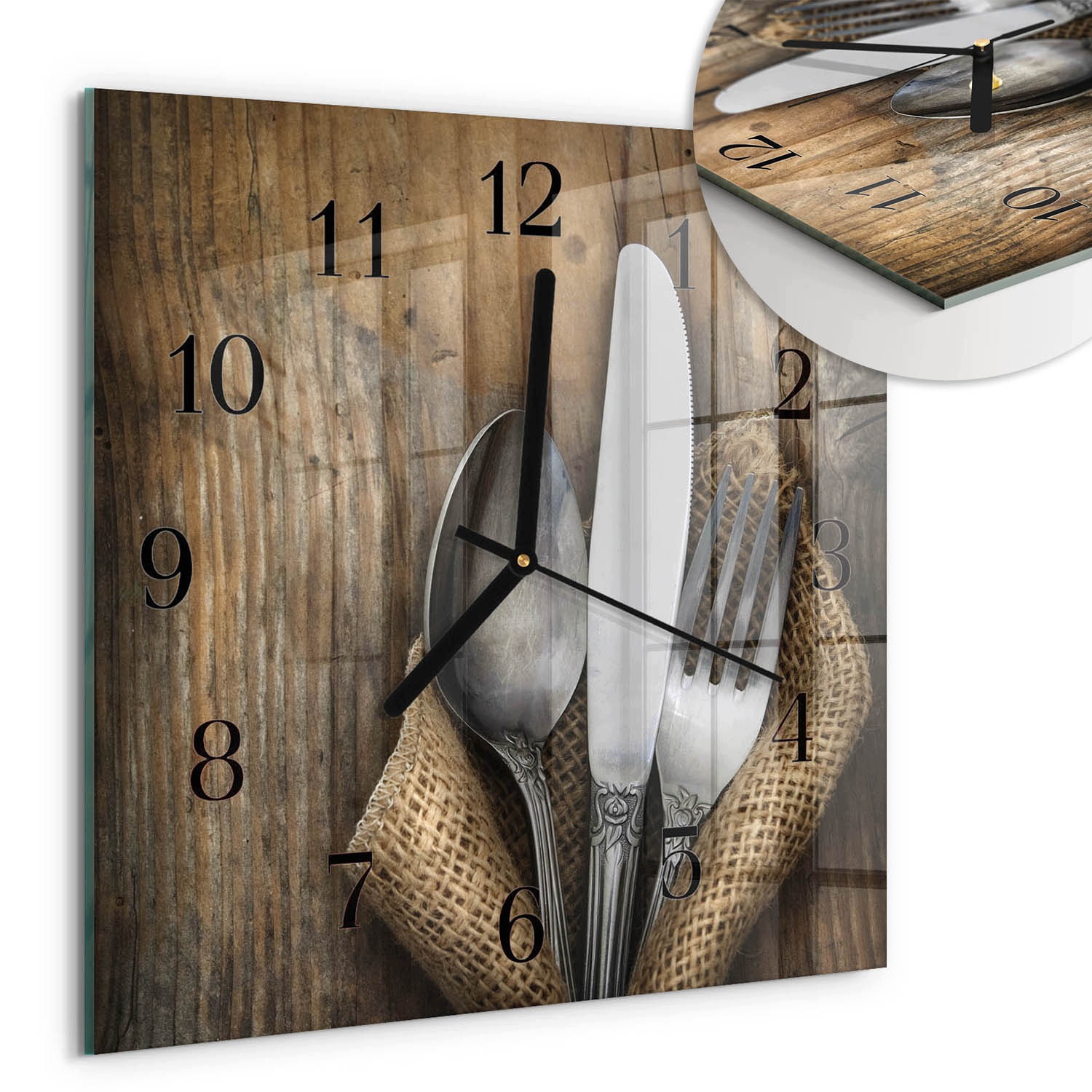 Designové horizontální skleněné hodiny do interiéru Příbory Čtverec 30x30 cm