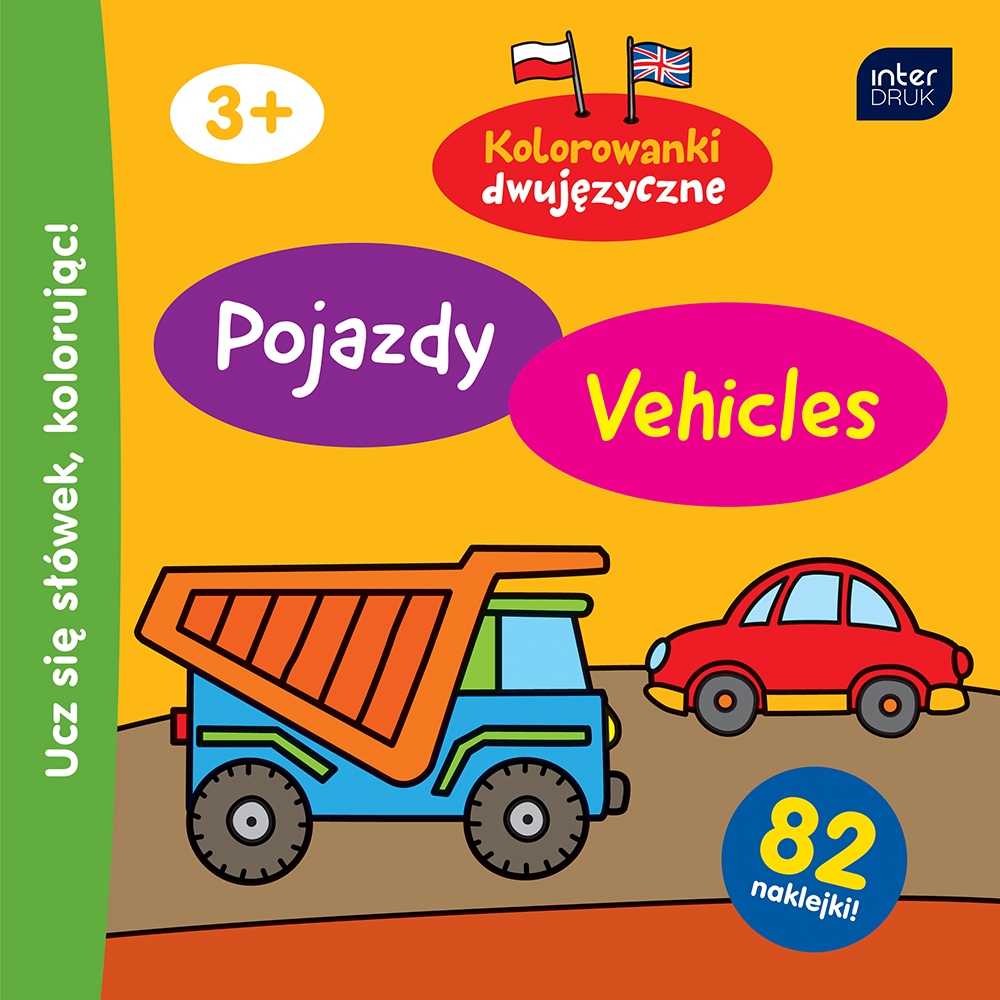 

Kolorowanka dwujęzyczna Interdruk Pojazdy naklejki