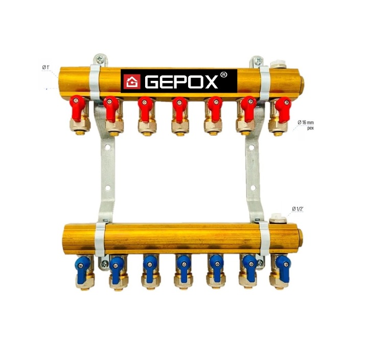 Rozdělovač C.o. 7 okruhů Gepox ventily Pex odvzdušňovače pro ohřívače