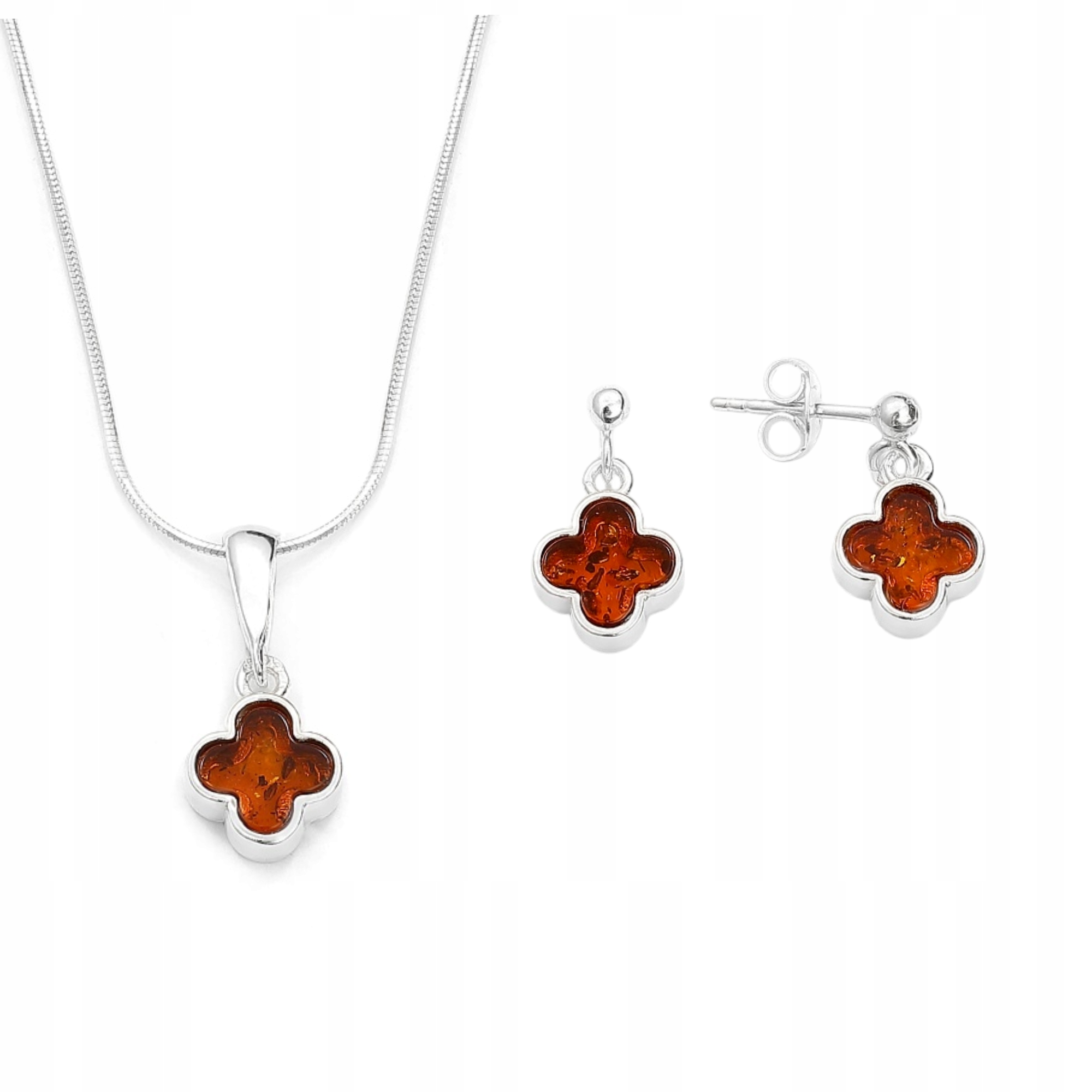 Stříbrný Komplet Šperků, Přívěsků A Náušnice, Marocký Jetel A Jantar