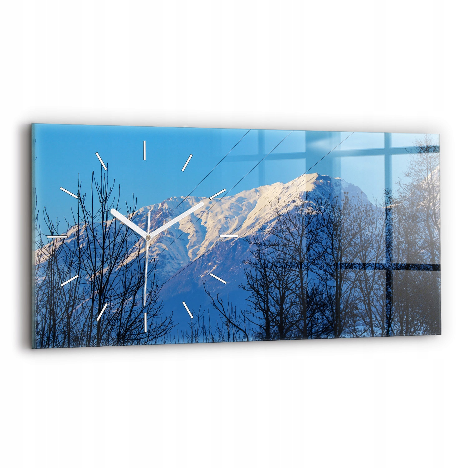 Moderní skleněné nástěnné hodiny s potiskem o úrovni 60 x 30 cm Pohled na hory