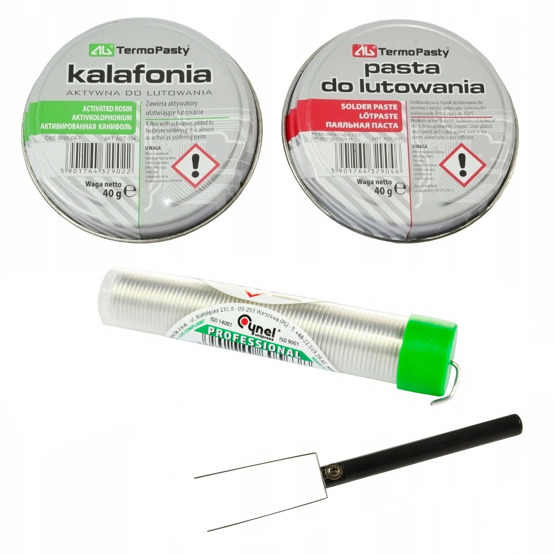 

Kalafonia 40g + Pasta 40g + Cyna 1mm 14g +Chwytak