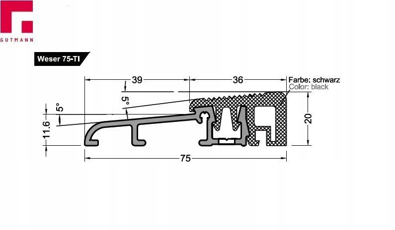 Hliníkový práh pro vnější dveře termo teplý 150 cm Weser 75TI