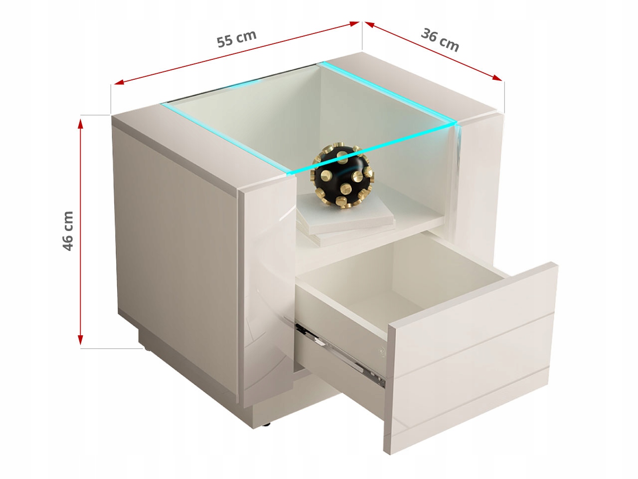 Szafka nocna biały połysk z oświetleniem LED Głębokość mebla 36 cm