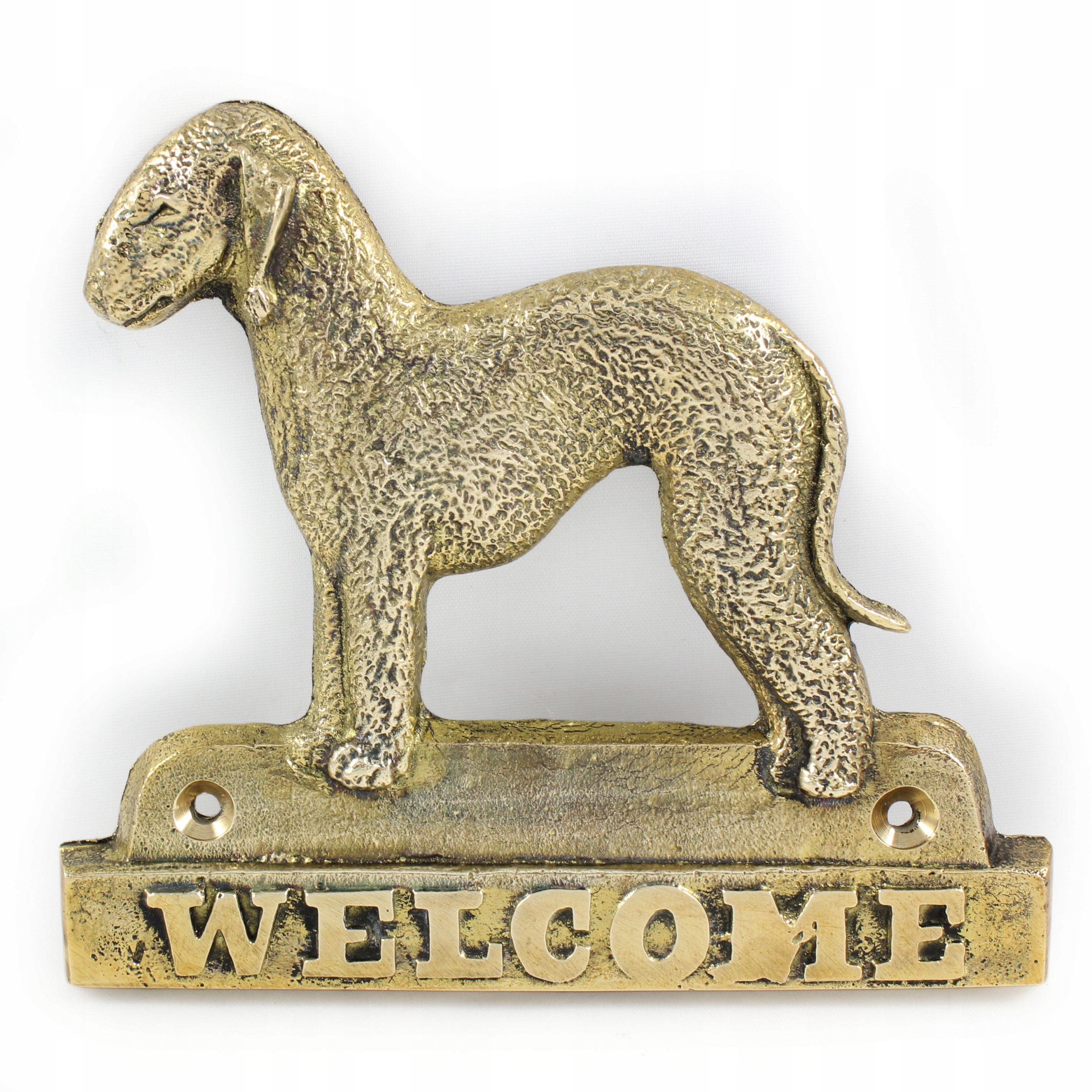 Bedlington Terrier mosadzná tabuľa na dvere so psom, štítok Welcome