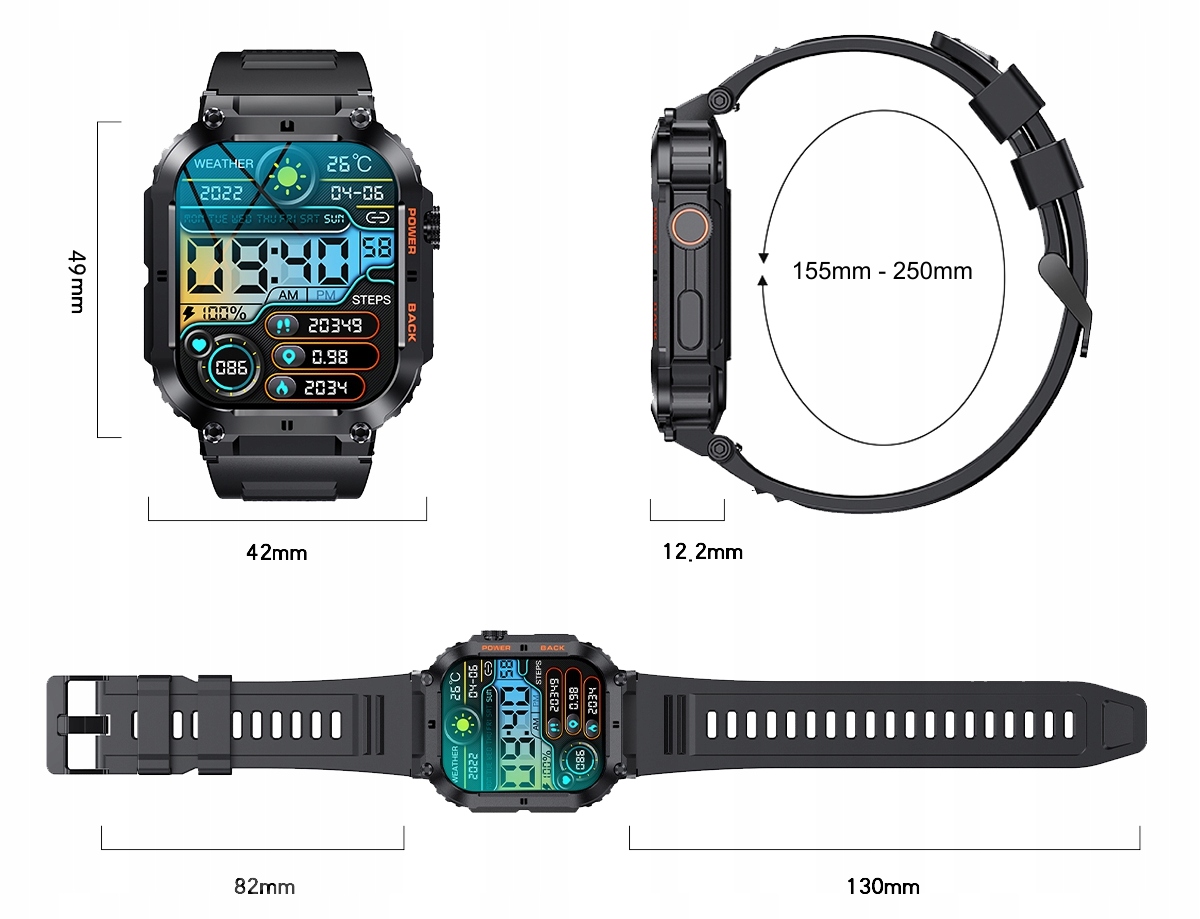 Smartwatch Męski Rozmowy Ciśnienie SpO2 PL 1,96" Lokalizator GPS nie